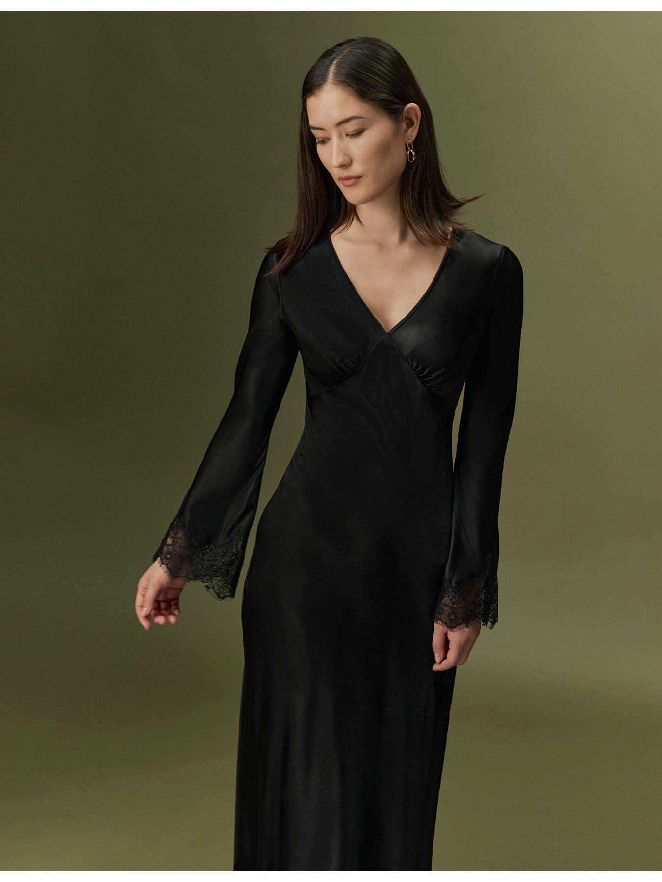 Image 7 of 7 of Ghost Womens Flori Satin-Look Lace Trim V-Neck Dress - Black