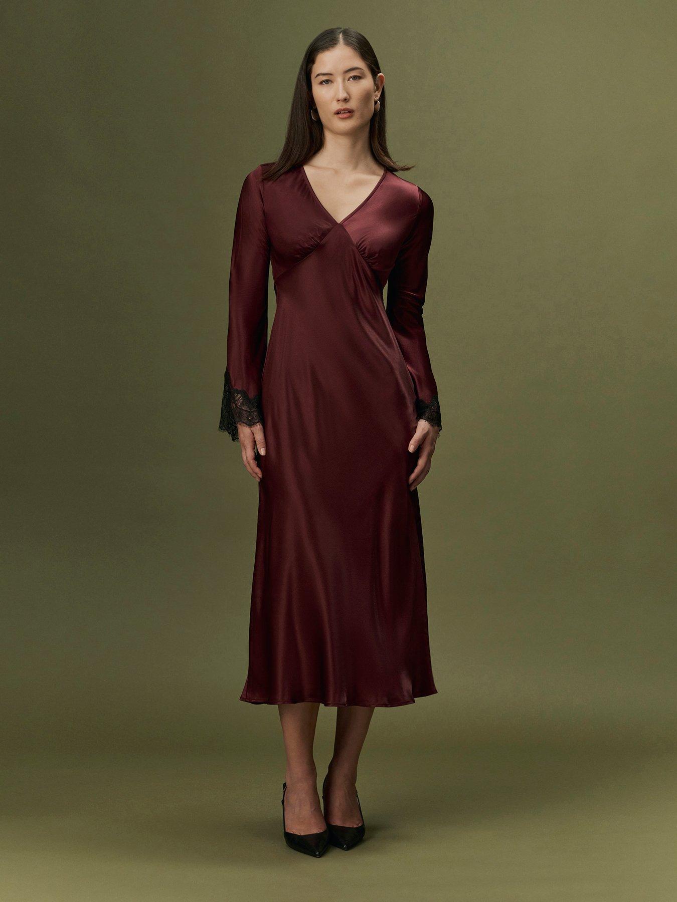 Image 1 of 7 of Ghost Womens Flori Satin Lace Trim Midi Dress - Burgundy