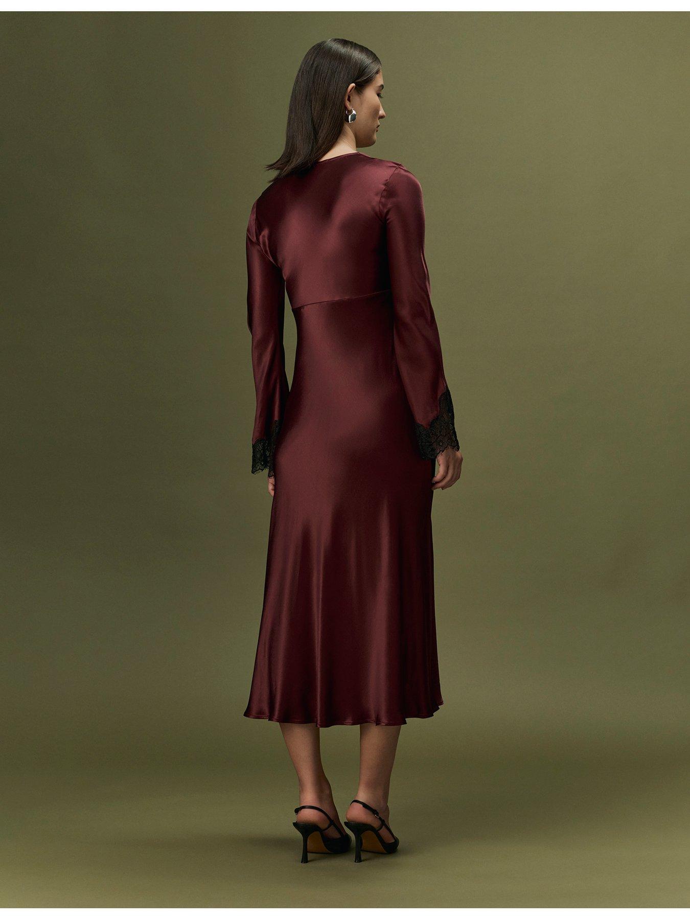 Image 2 of 7 of Ghost Womens Flori Satin Lace Trim Midi Dress - Burgundy