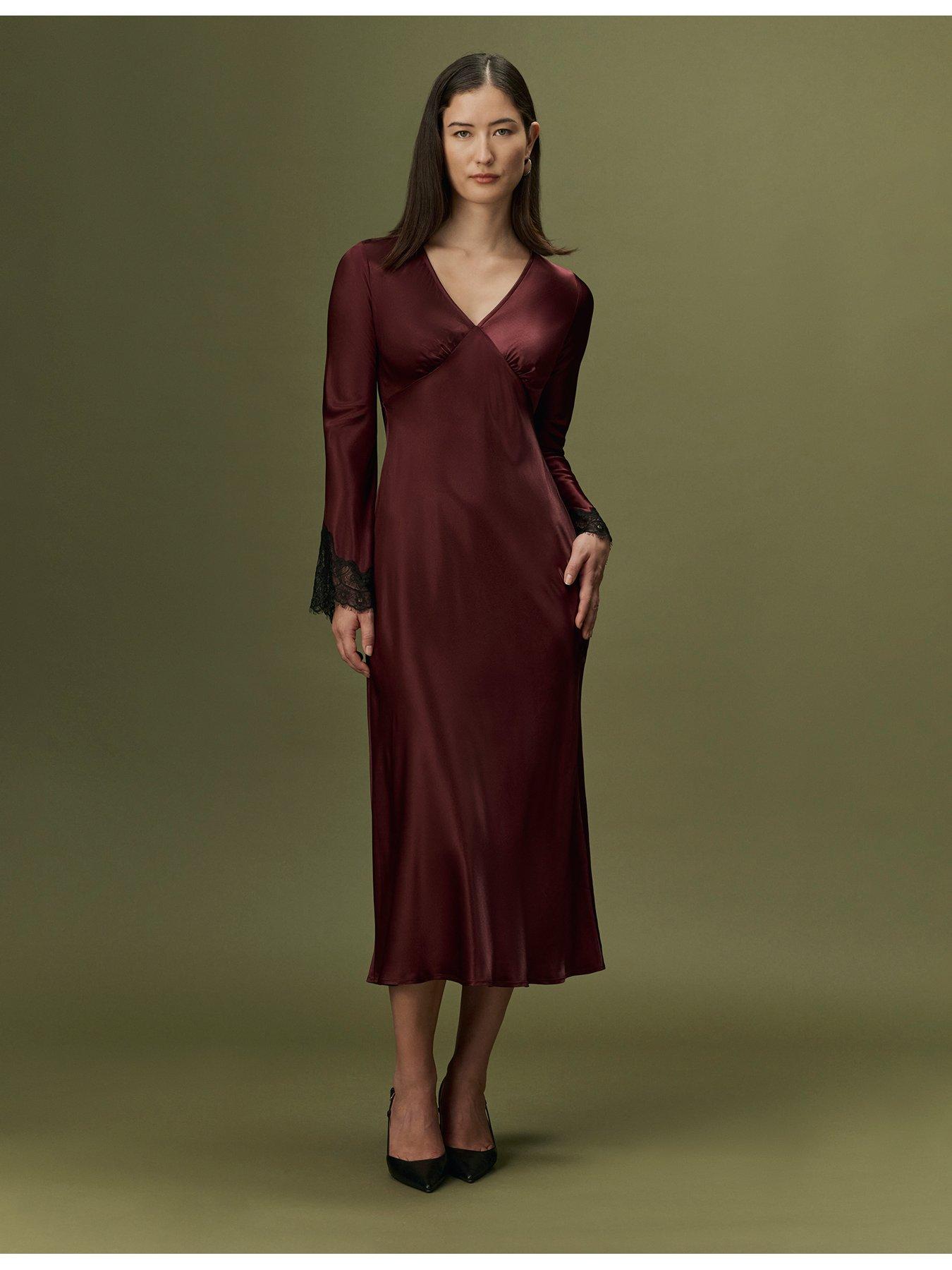 Image 3 of 7 of Ghost Womens Flori Satin Lace Trim Midi Dress - Burgundy