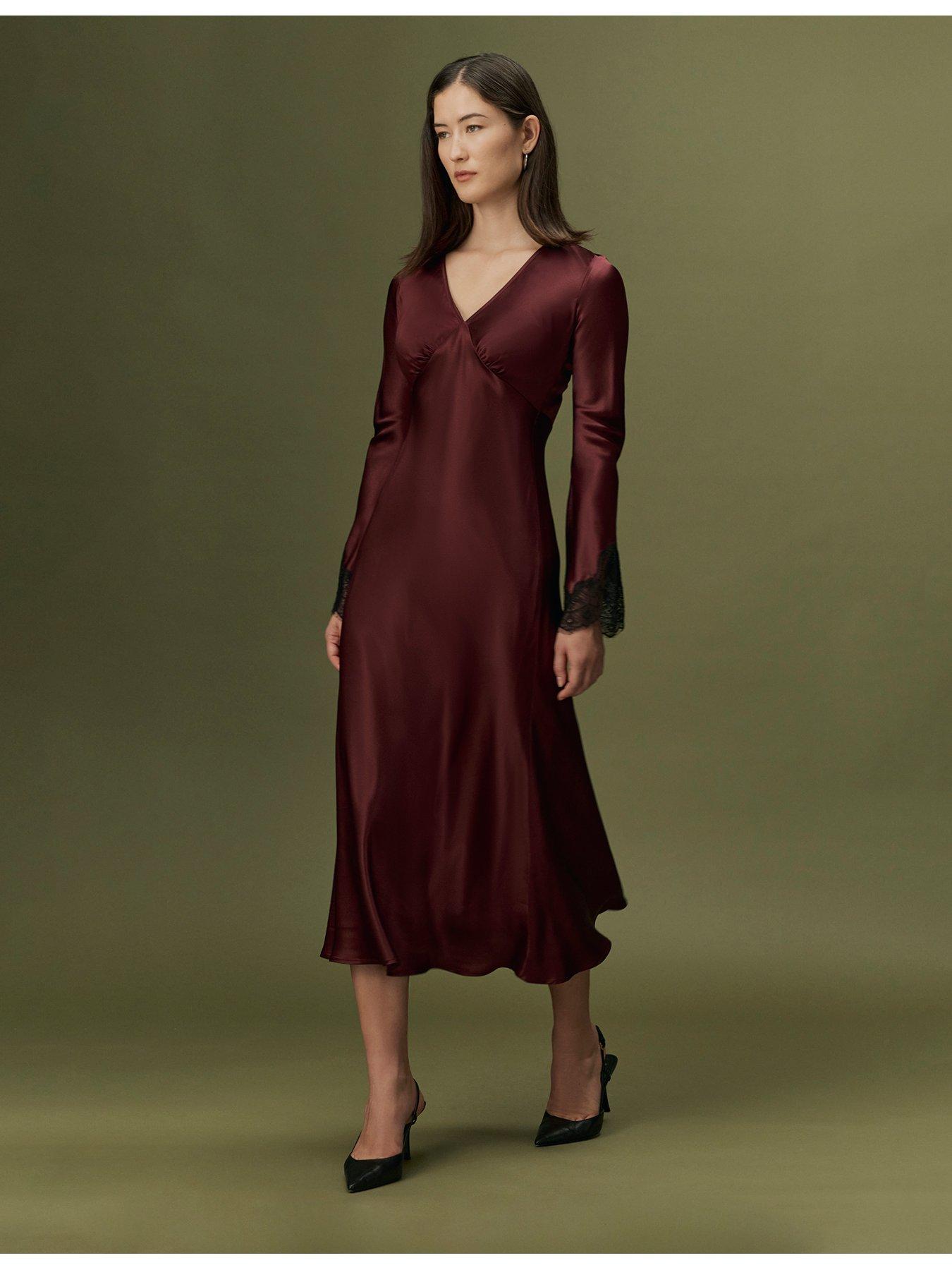 Image 4 of 7 of Ghost Womens Flori Satin Lace Trim Midi Dress - Burgundy