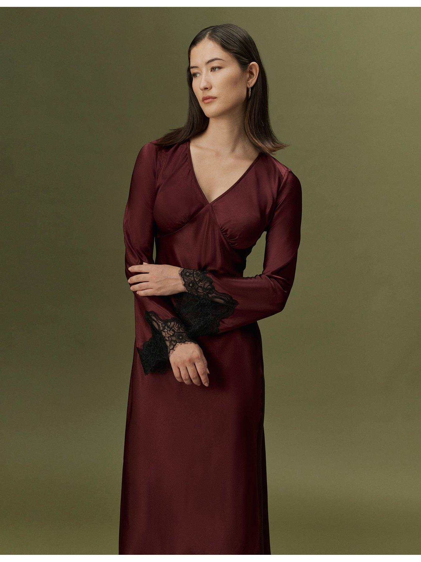 Image 5 of 7 of Ghost Womens Flori Satin Lace Trim Midi Dress - Burgundy