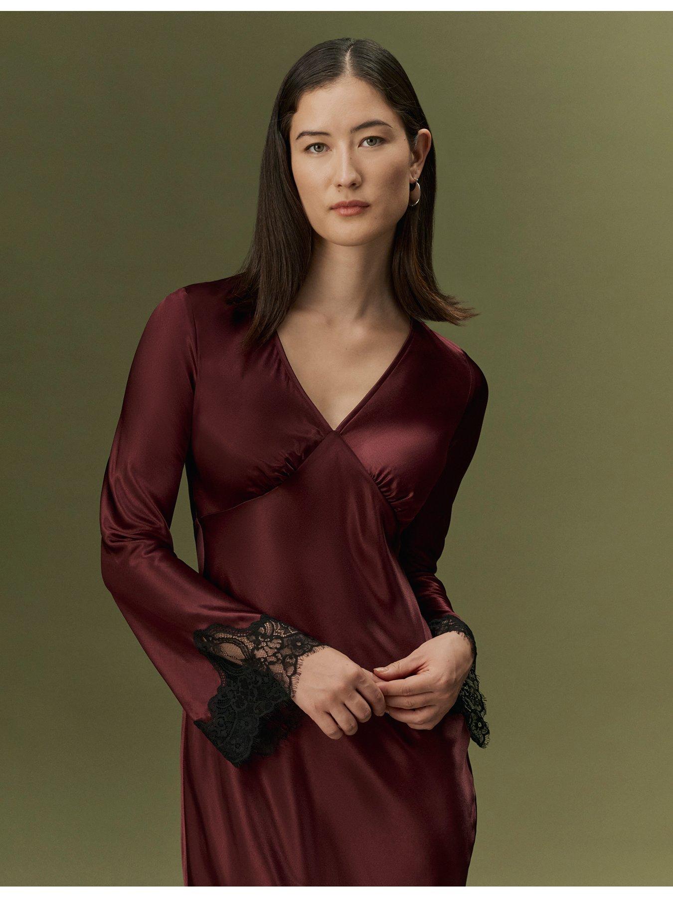 Image 6 of 7 of Ghost Womens Flori Satin Lace Trim Midi Dress - Burgundy