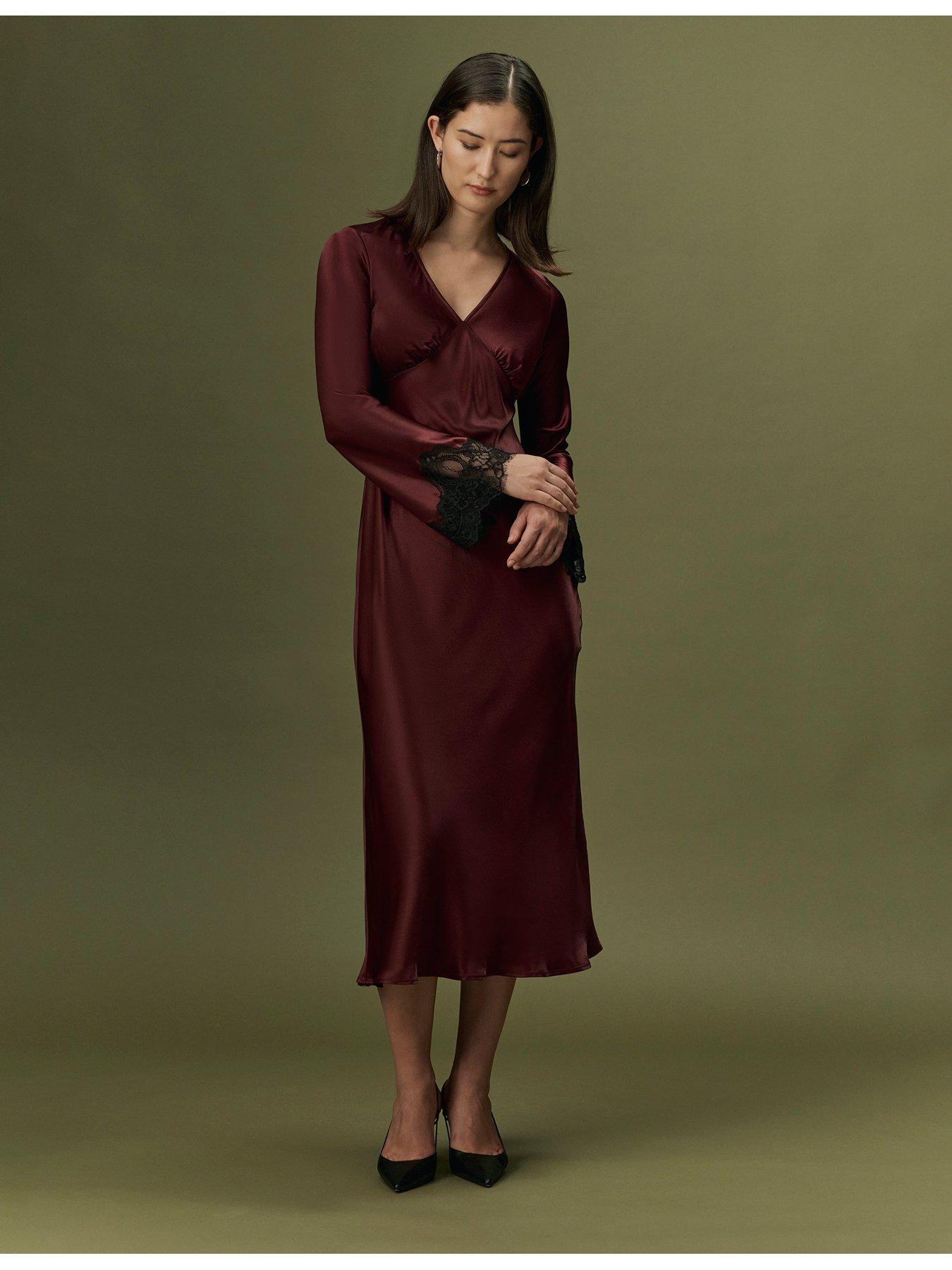 Image 7 of 7 of Ghost Womens Flori Satin Lace Trim Midi Dress - Burgundy