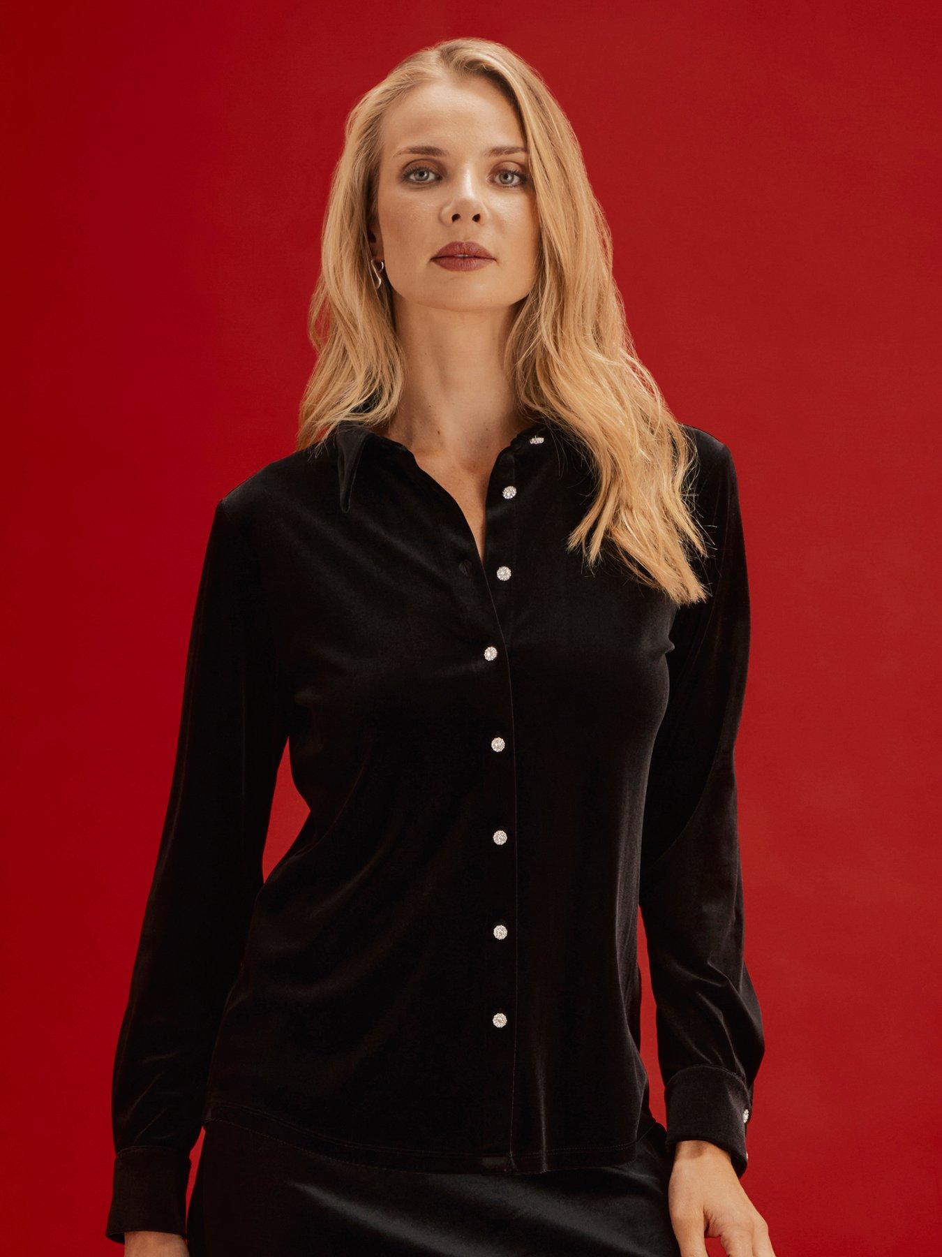 Image 3 of 7 of Finery Womens Sayge Velvet-Look Sparkly Button Shirt - Black