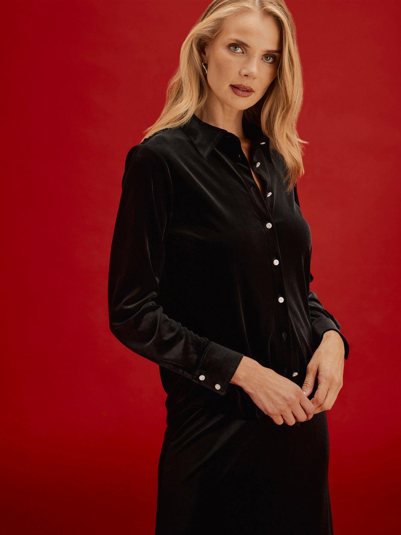 Image 4 of 7 of Finery Womens Sayge Velvet-Look Sparkly Button Shirt - Black