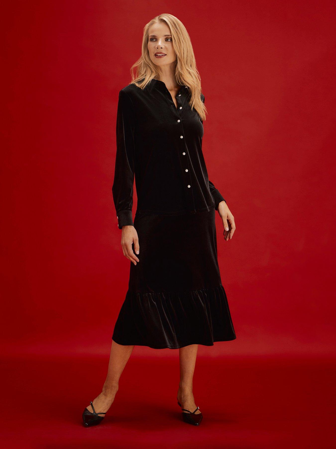 Image 5 of 7 of Finery Womens Sayge Velvet-Look Sparkly Button Shirt - Black