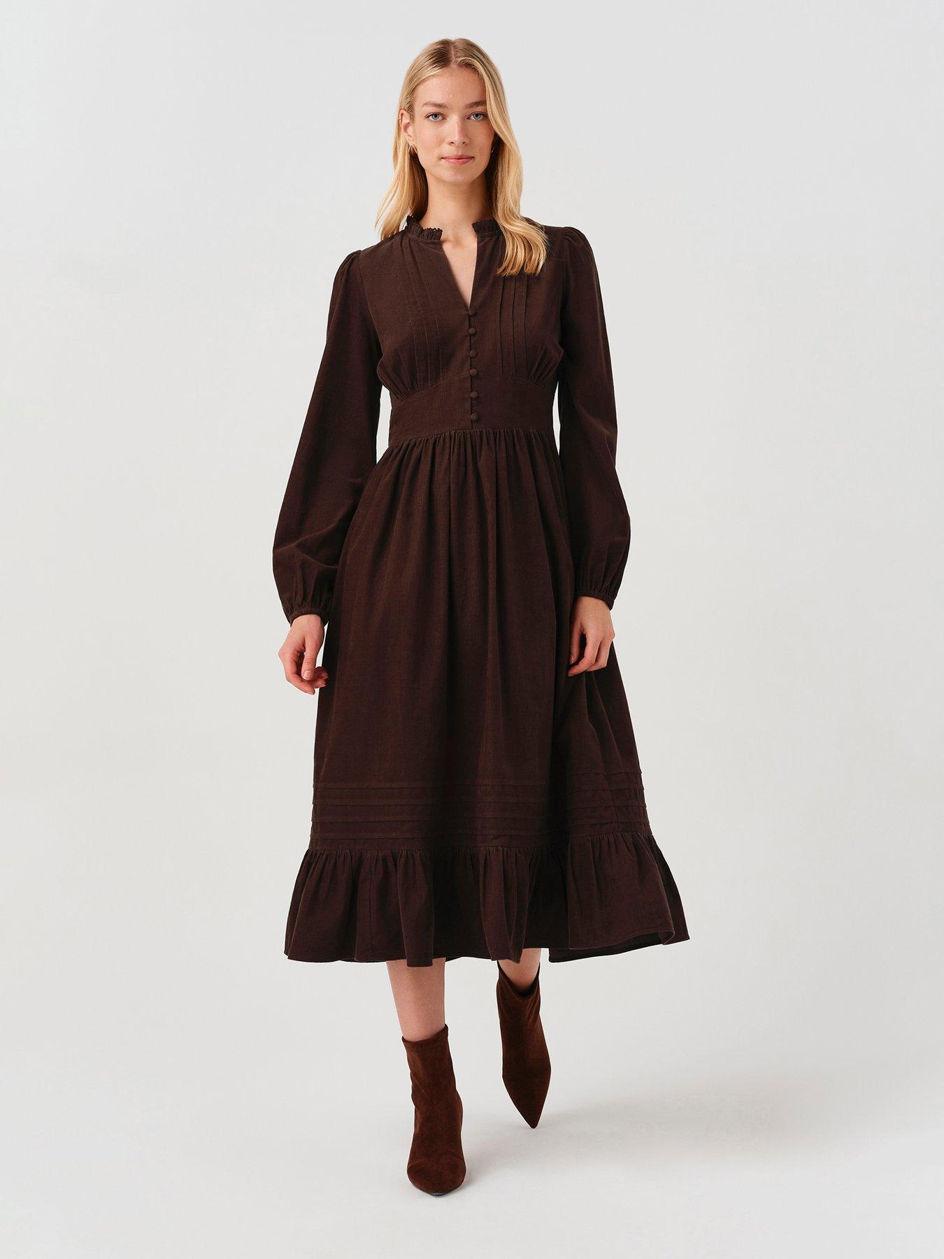 Image 1 of 7 of Ghost Womens Michelle Button-Through Tiered Dress - Brown