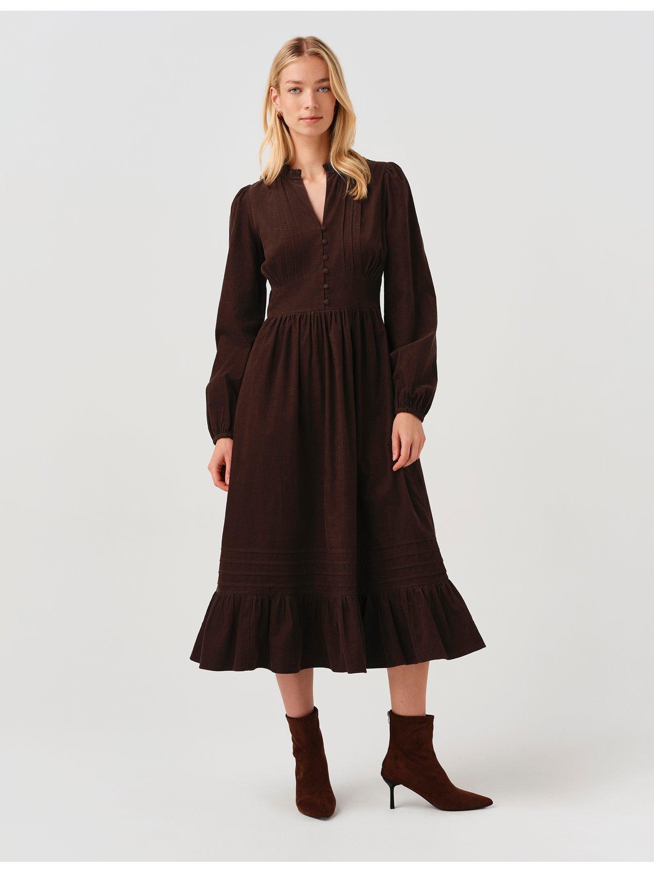 Image 5 of 7 of Ghost Womens Michelle Button-Through Tiered Dress - Brown