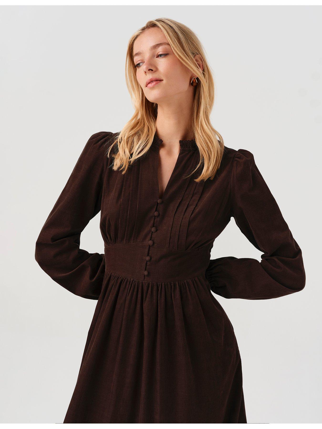 Image 7 of 7 of Ghost Womens Michelle Button-Through Tiered Dress - Brown