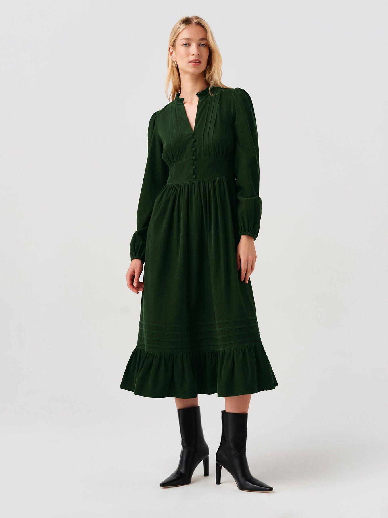 Image 1 of 7 of Ghost Womens Michelle Button-Through Tiered Midi Dress - Green