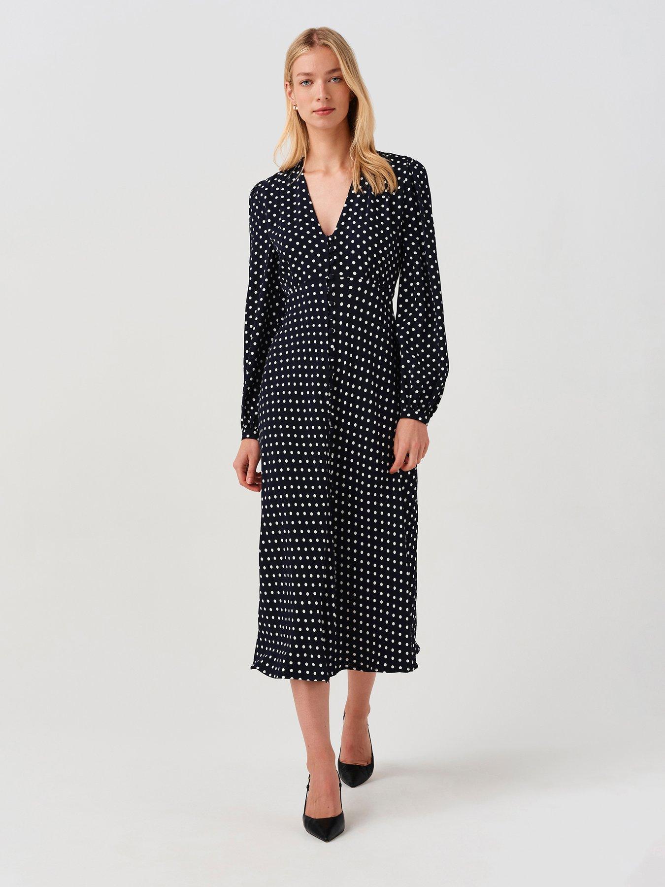 Image 1 of 7 of Ghost Womens Francesca Button-Through V-Neck Spot Midi Dress - Blue