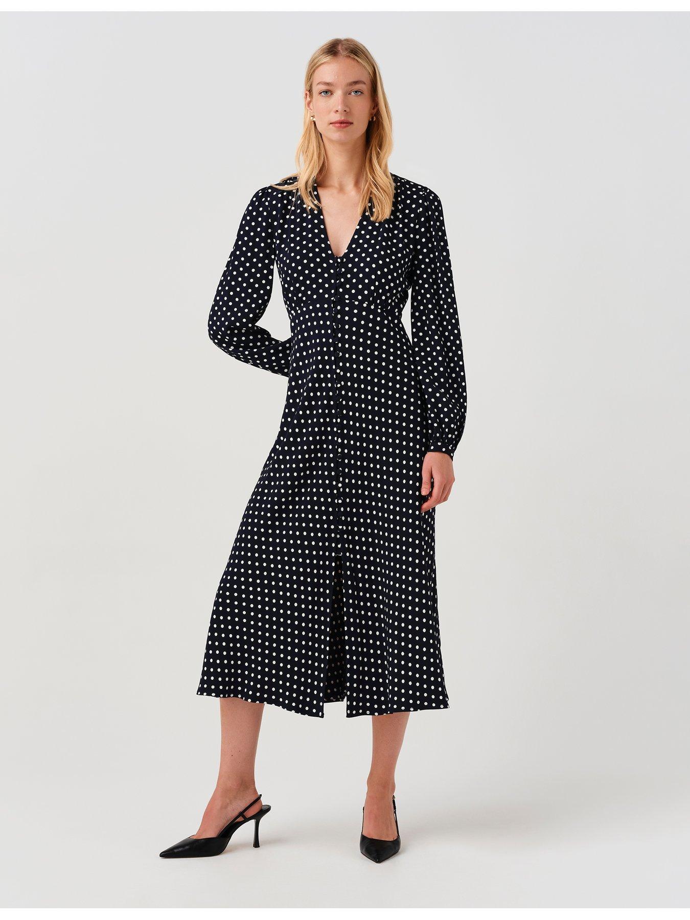 Image 3 of 7 of Ghost Womens Francesca Button-Through V-Neck Spot Midi Dress - Blue