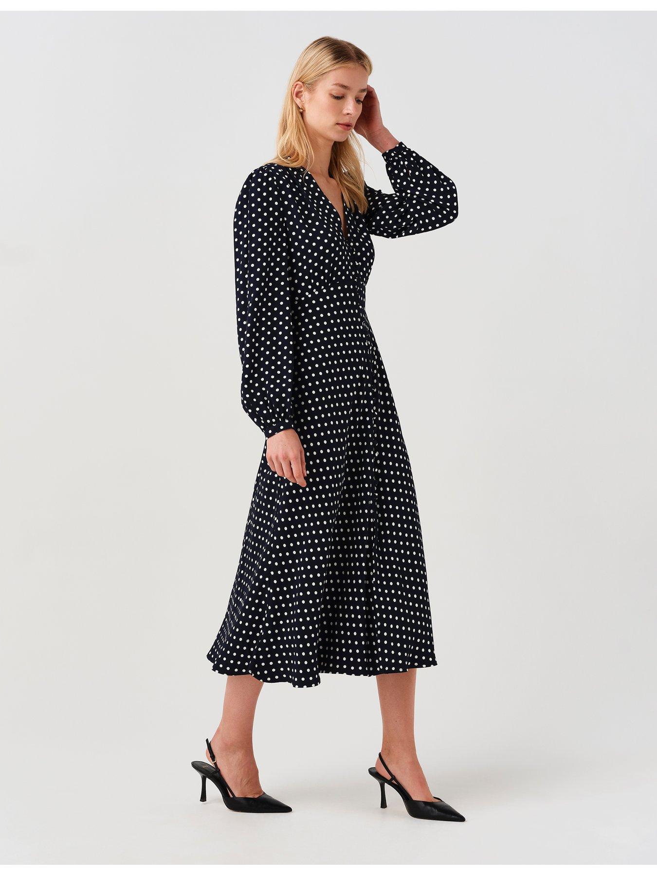 Image 4 of 7 of Ghost Womens Francesca Button-Through V-Neck Spot Midi Dress - Blue