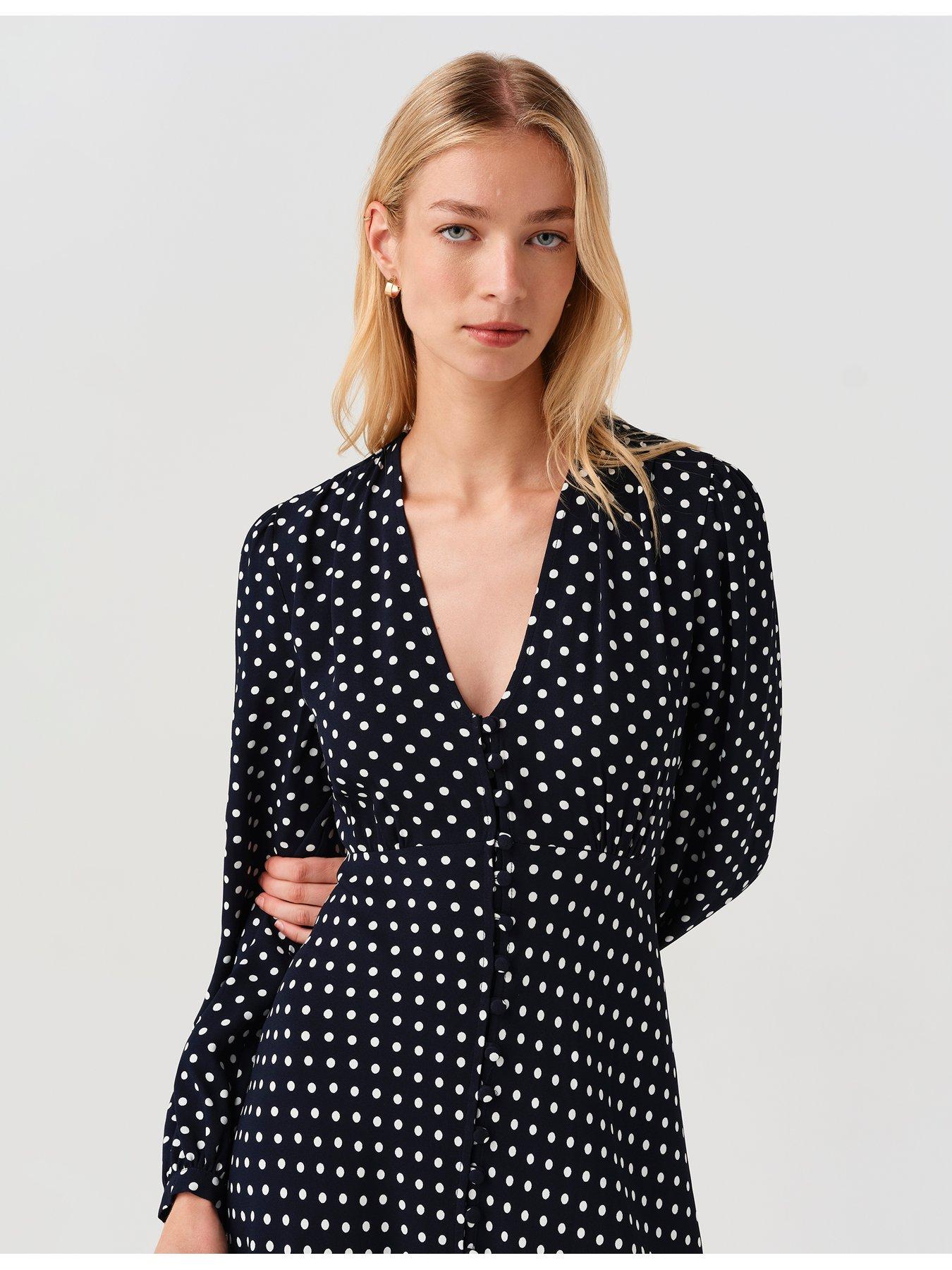 Image 5 of 7 of Ghost Womens Francesca Button-Through V-Neck Spot Midi Dress - Blue