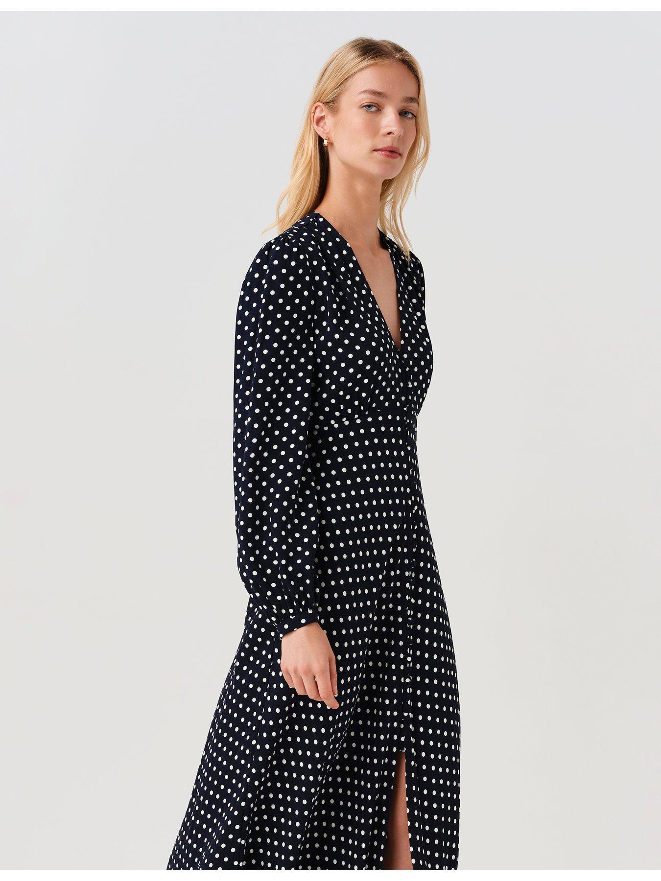 Image 6 of 7 of Ghost Womens Francesca Button-Through V-Neck Spot Midi Dress - Blue