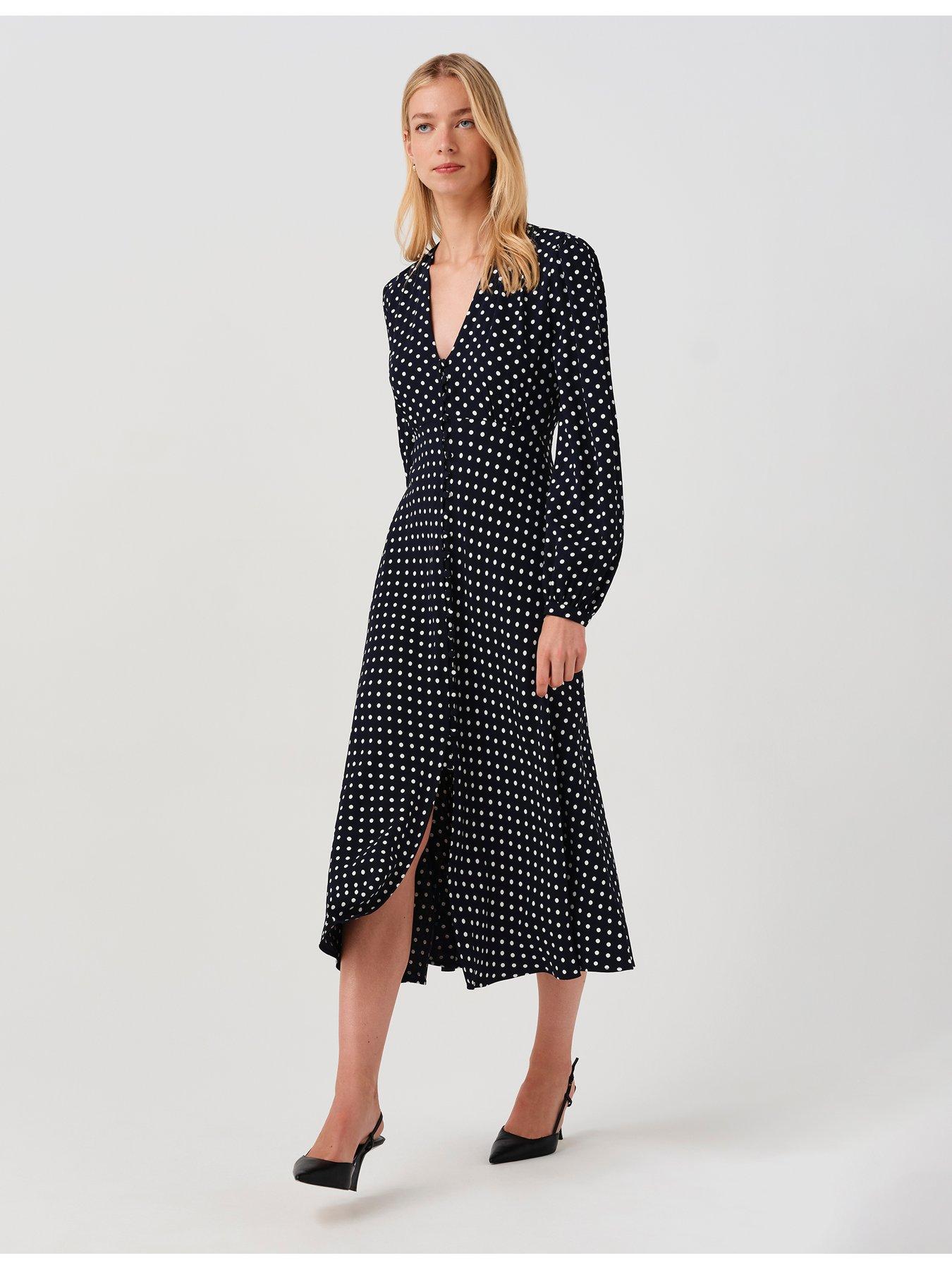 Image 7 of 7 of Ghost Womens Francesca Button-Through V-Neck Spot Midi Dress - Blue