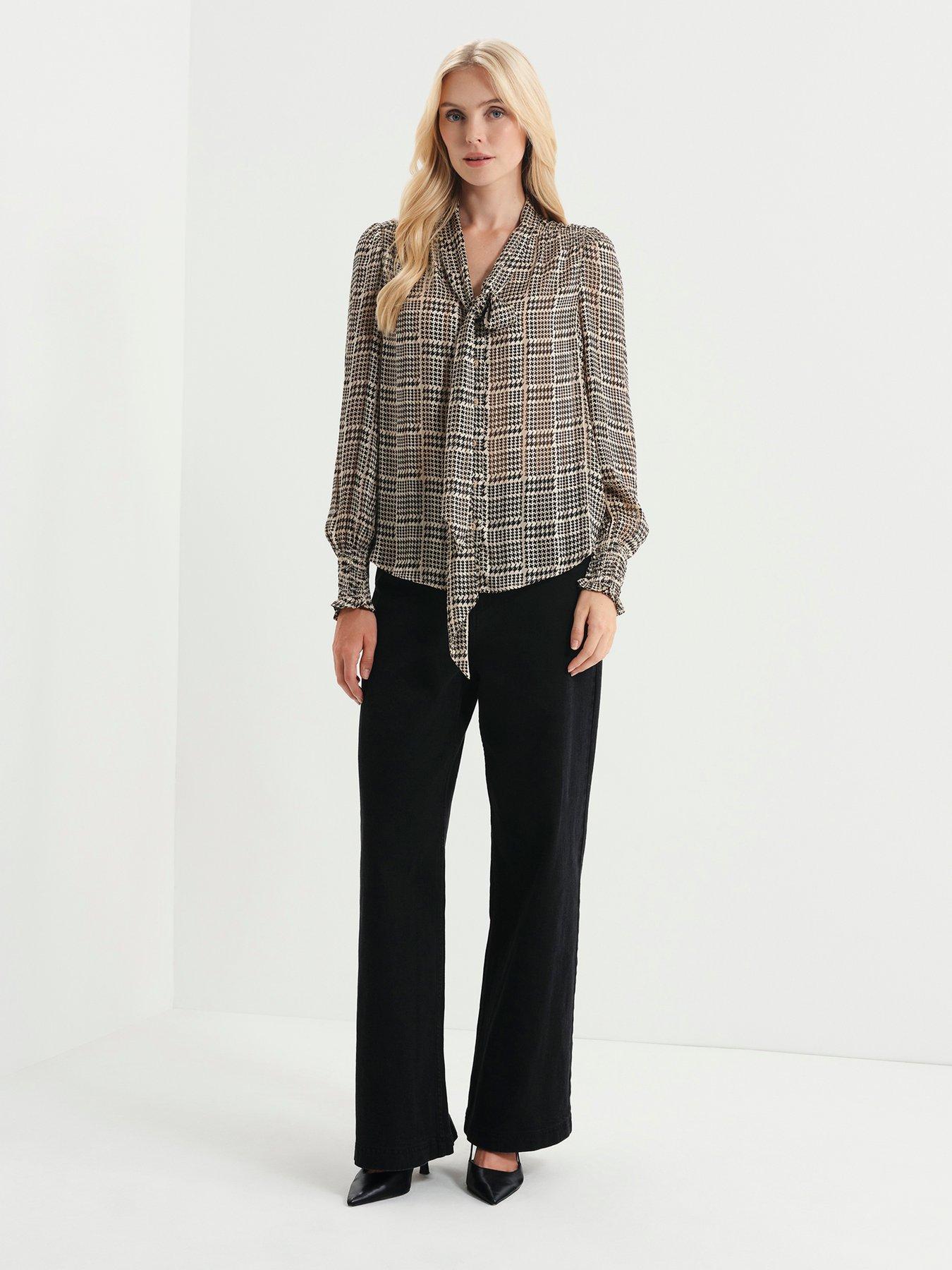 Image 1 of 7 of Finery Womens Mavis Satin Stripe Tie Neck Top - Beige