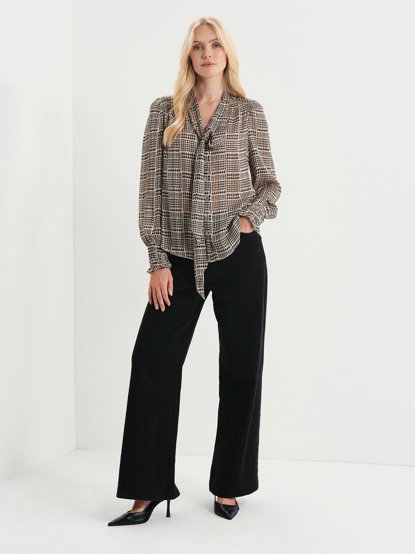 Image 3 of 7 of Finery Womens Mavis Satin Stripe Tie Neck Top - Beige