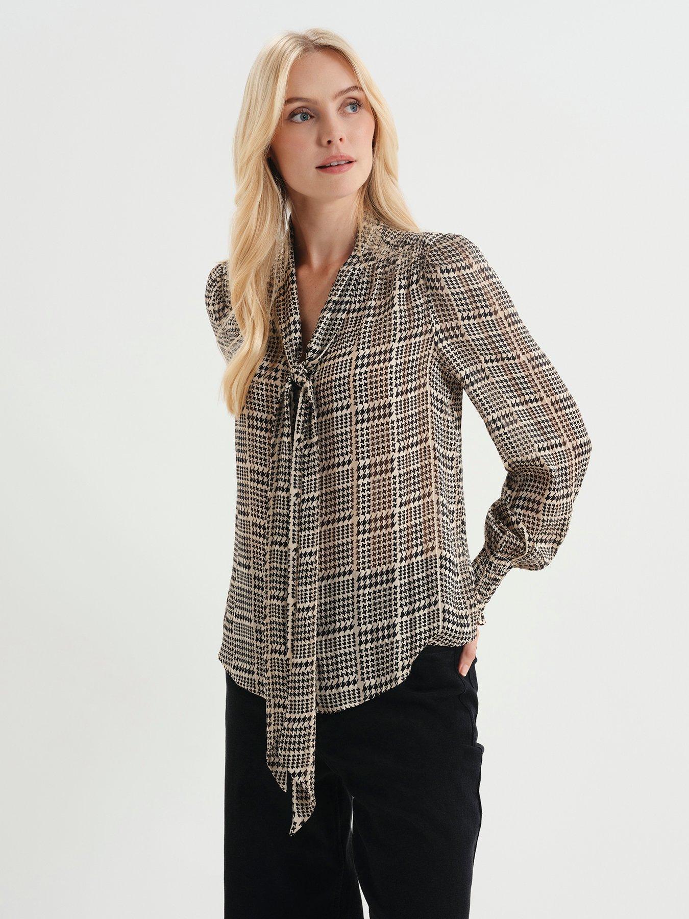 Image 4 of 7 of Finery Womens Mavis Satin Stripe Tie Neck Top - Beige
