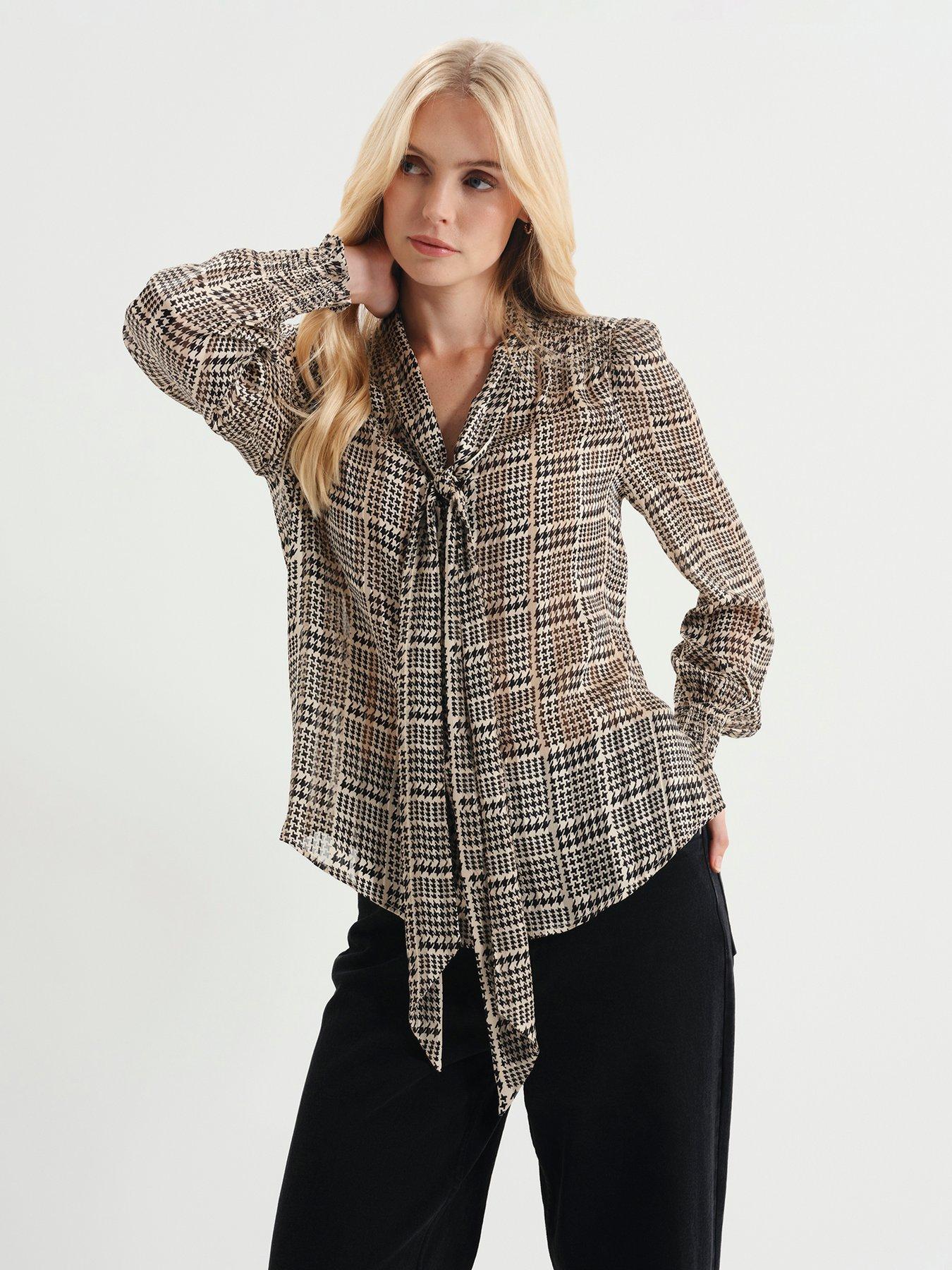 Image 5 of 7 of Finery Womens Mavis Satin Stripe Tie Neck Top - Beige