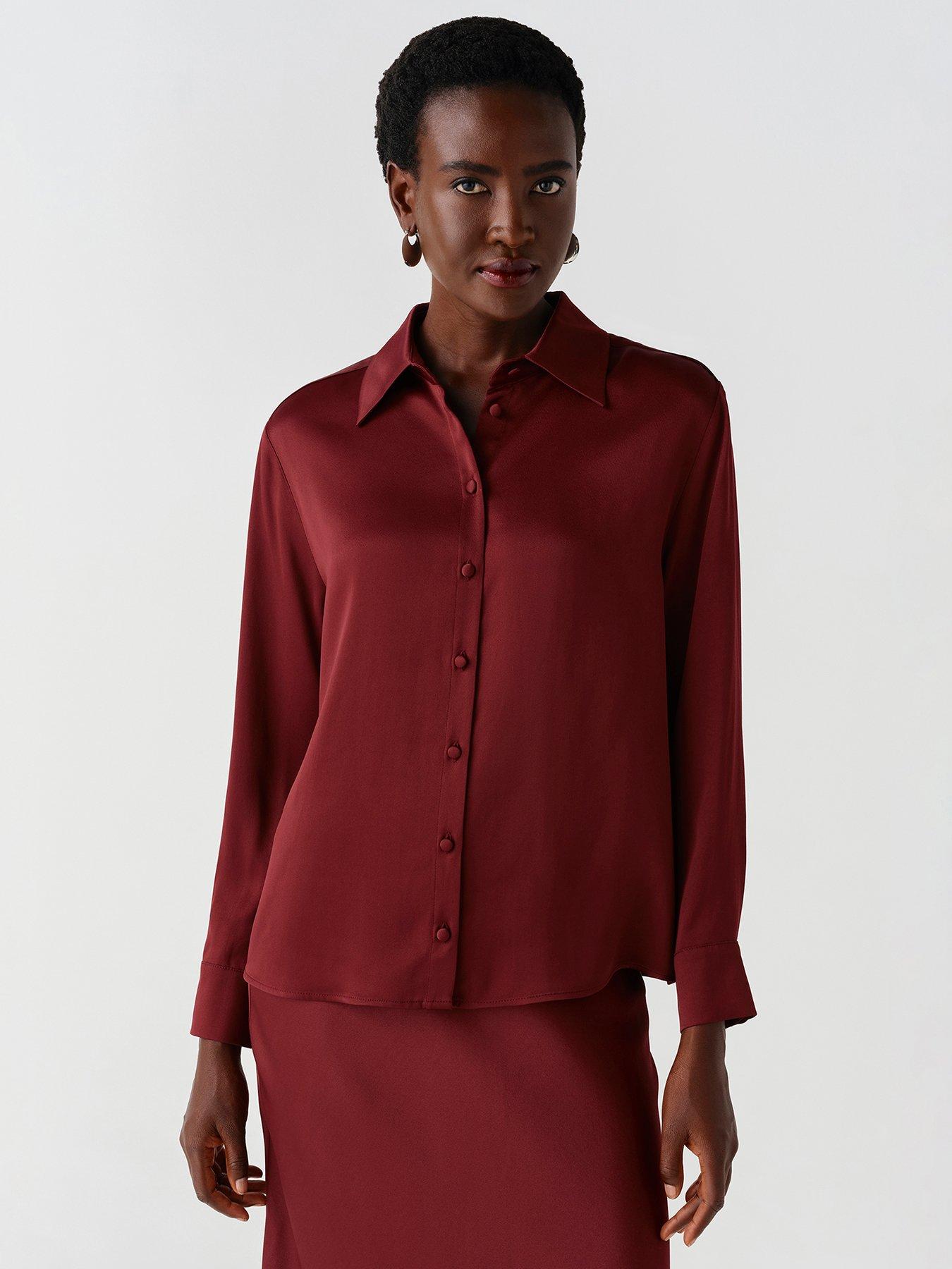 Image 1 of 7 of Ghost Womens Esther Satin-Look Button-Through Blouse - Burgundy