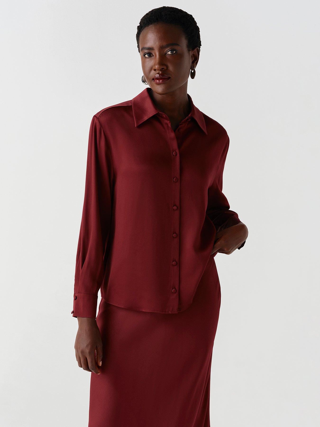 Image 4 of 7 of Ghost Womens Esther Satin-Look Button-Through Blouse - Burgundy
