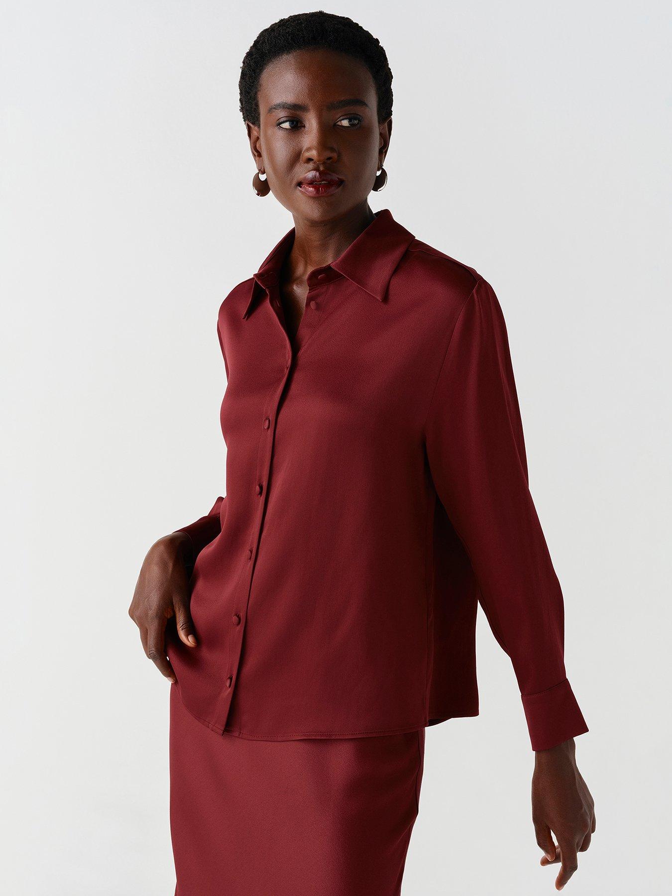 Image 5 of 7 of Ghost Womens Esther Satin-Look Button-Through Blouse - Burgundy