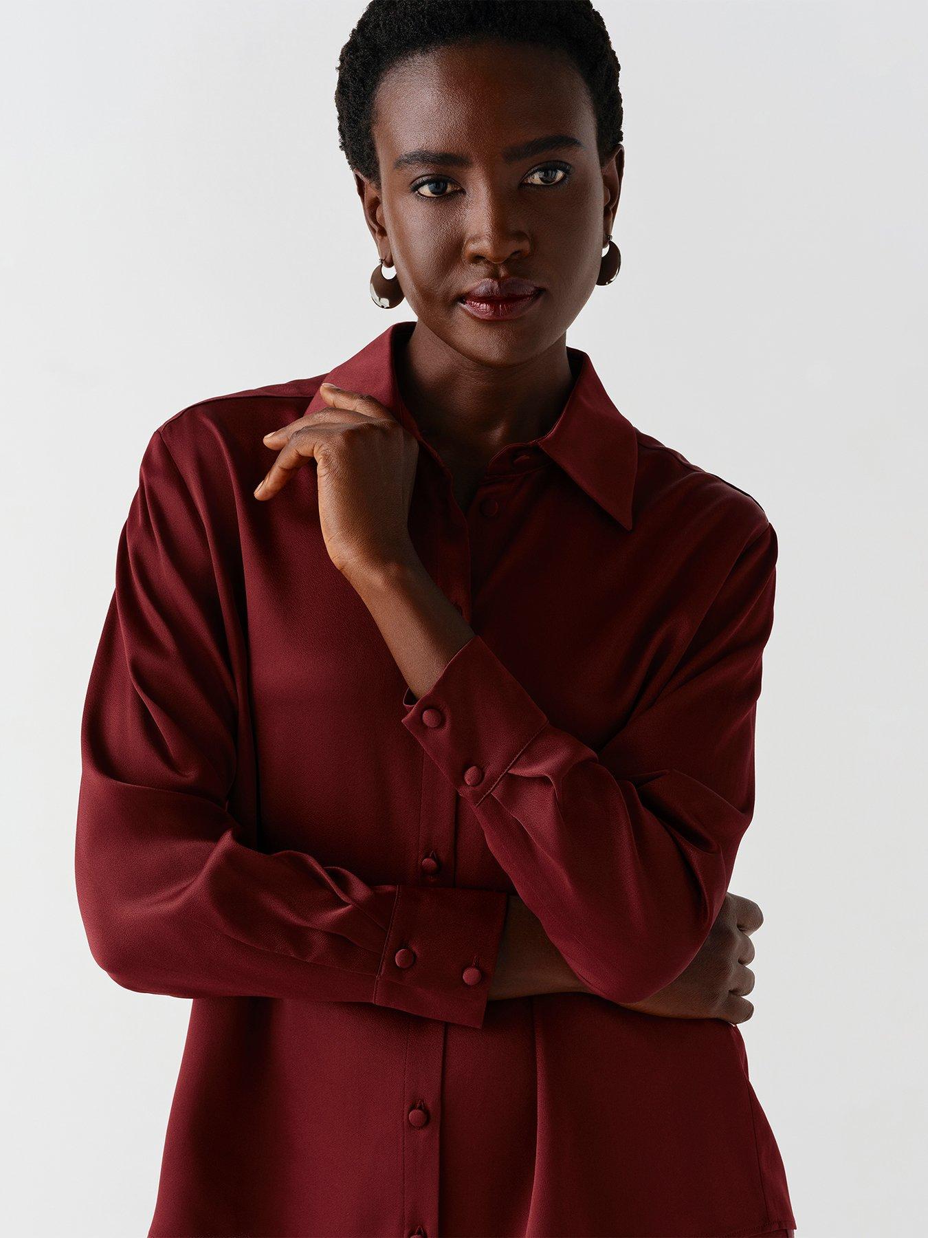 Image 6 of 7 of Ghost Womens Esther Satin-Look Button-Through Blouse - Burgundy