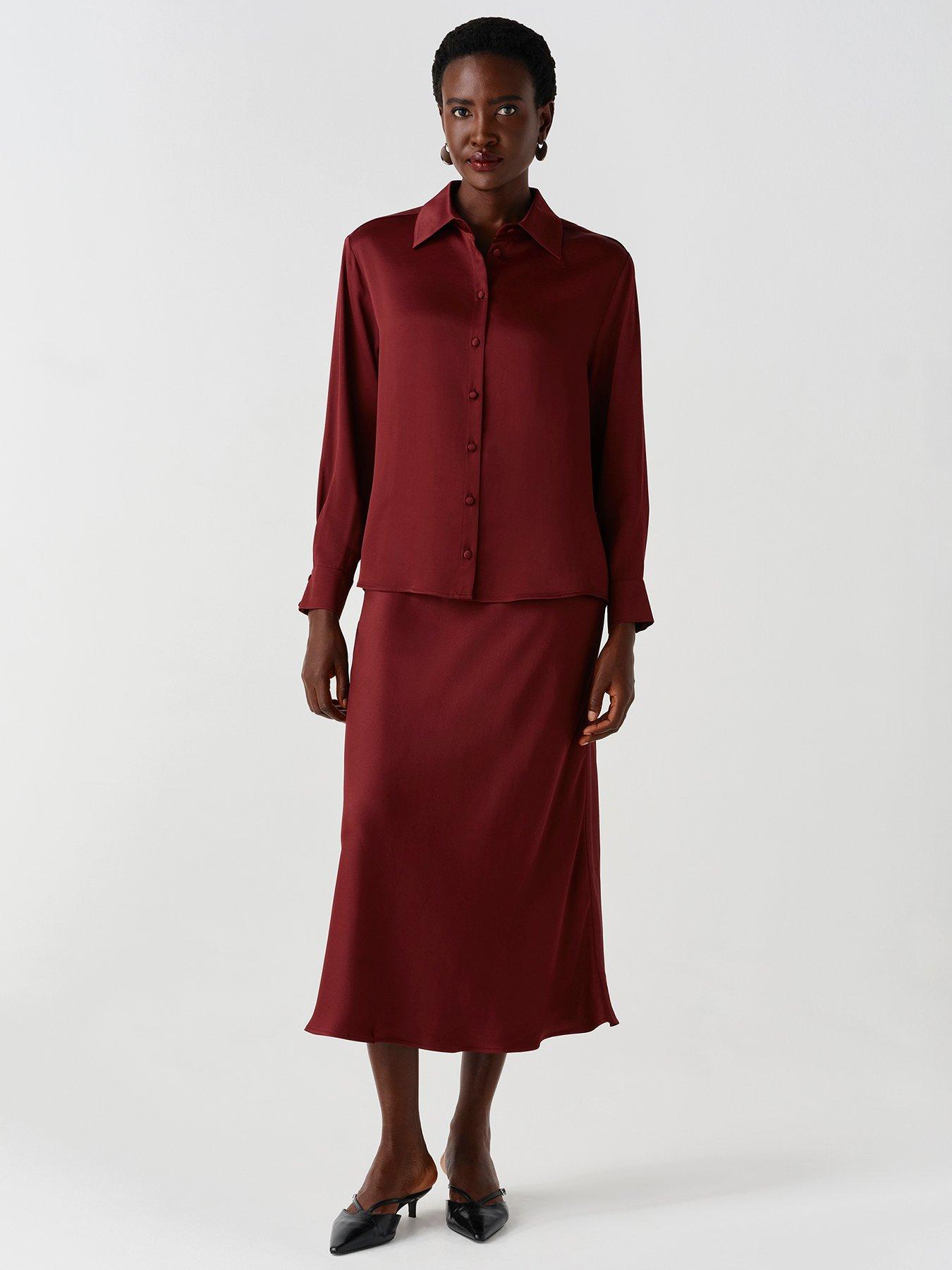 Image 7 of 7 of Ghost Womens Esther Satin-Look Button-Through Blouse - Burgundy