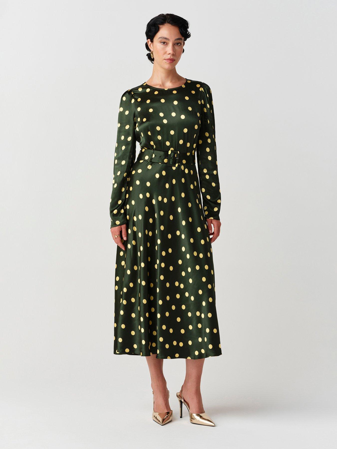 Image 1 of 7 of Ghost Womens Sophia Satin Spot Buckle Belt Midi Dress - Green
