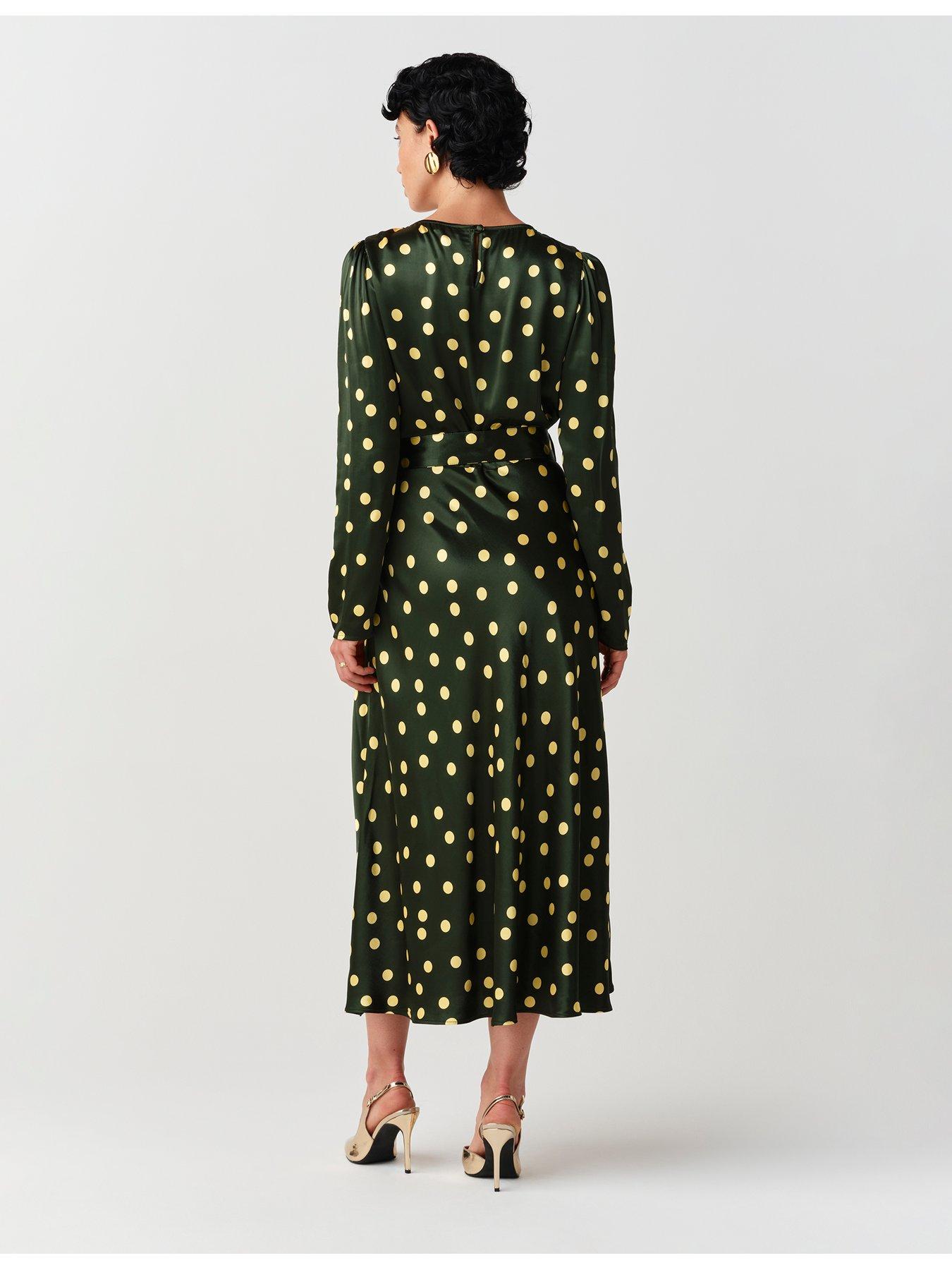 Image 2 of 7 of Ghost Womens Sophia Satin Spot Buckle Belt Midi Dress - Green