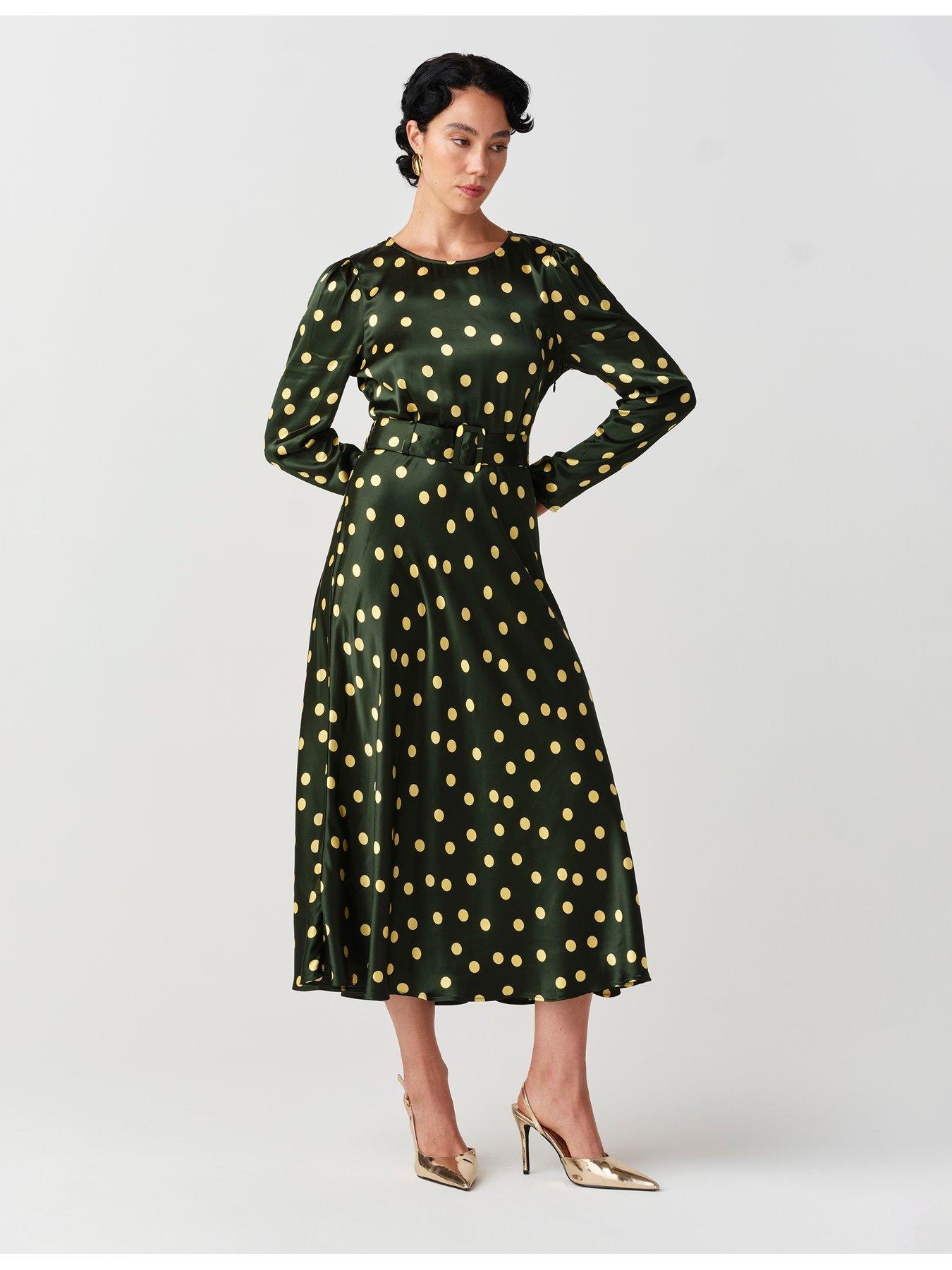 Image 3 of 7 of Ghost Womens Sophia Satin Spot Buckle Belt Midi Dress - Green