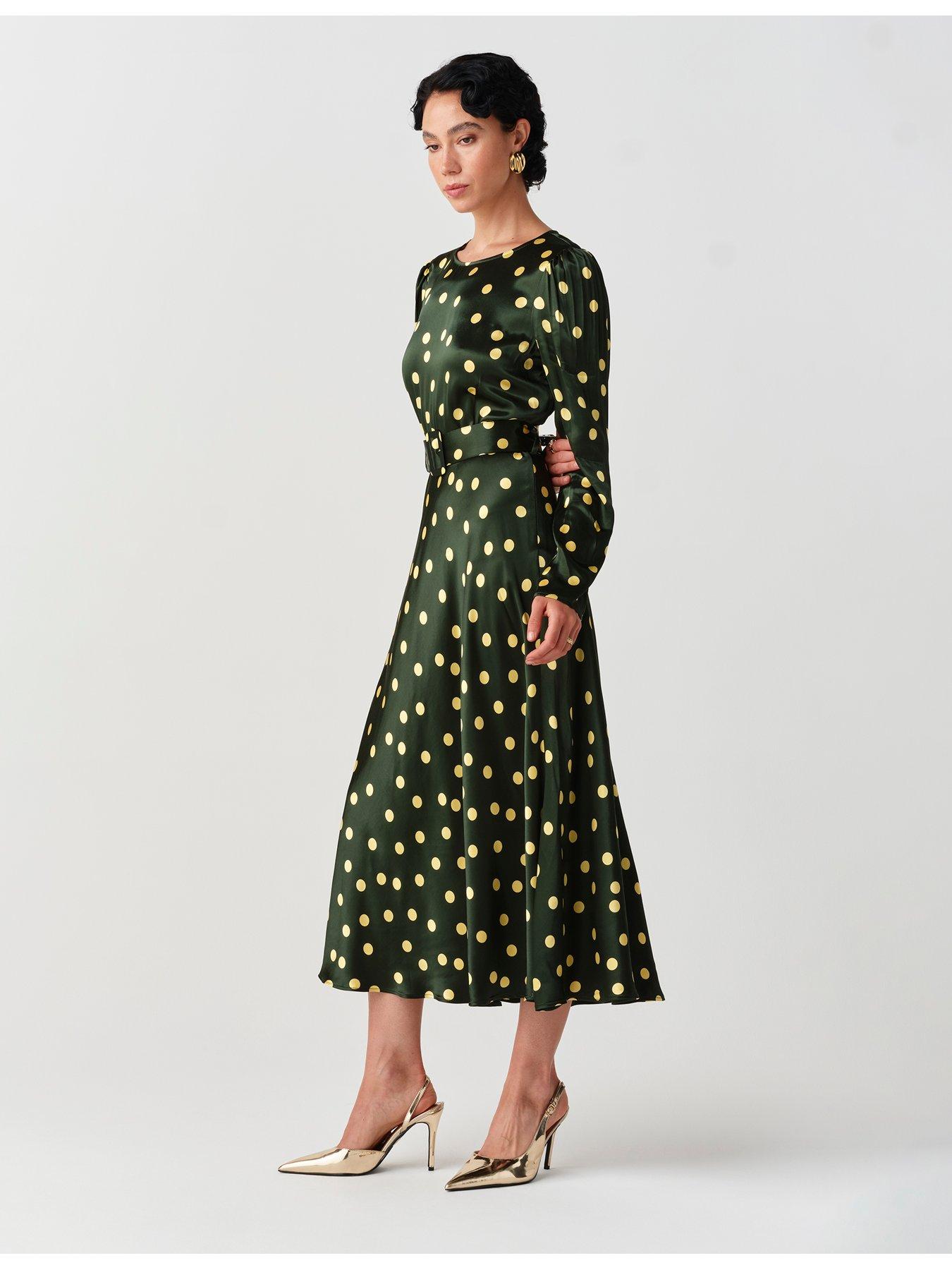 Image 4 of 7 of Ghost Womens Sophia Satin Spot Buckle Belt Midi Dress - Green