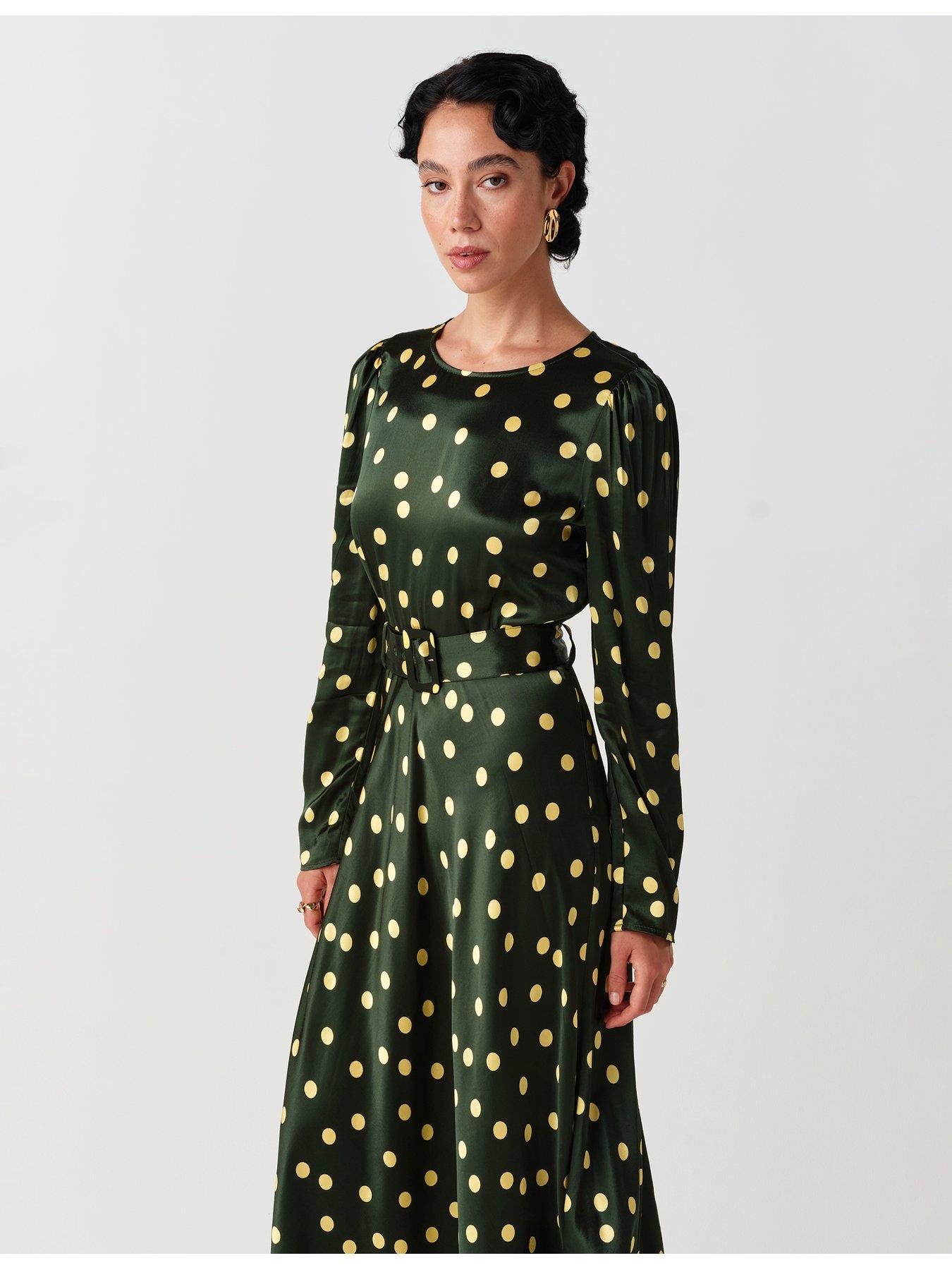 Image 5 of 7 of Ghost Womens Sophia Satin Spot Buckle Belt Midi Dress - Green