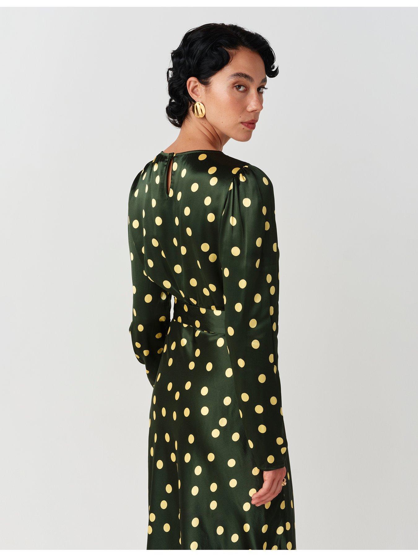 Image 6 of 7 of Ghost Womens Sophia Satin Spot Buckle Belt Midi Dress - Green