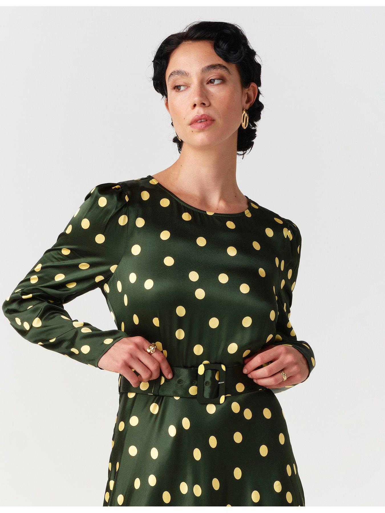 Image 7 of 7 of Ghost Womens Sophia Satin Spot Buckle Belt Midi Dress - Green