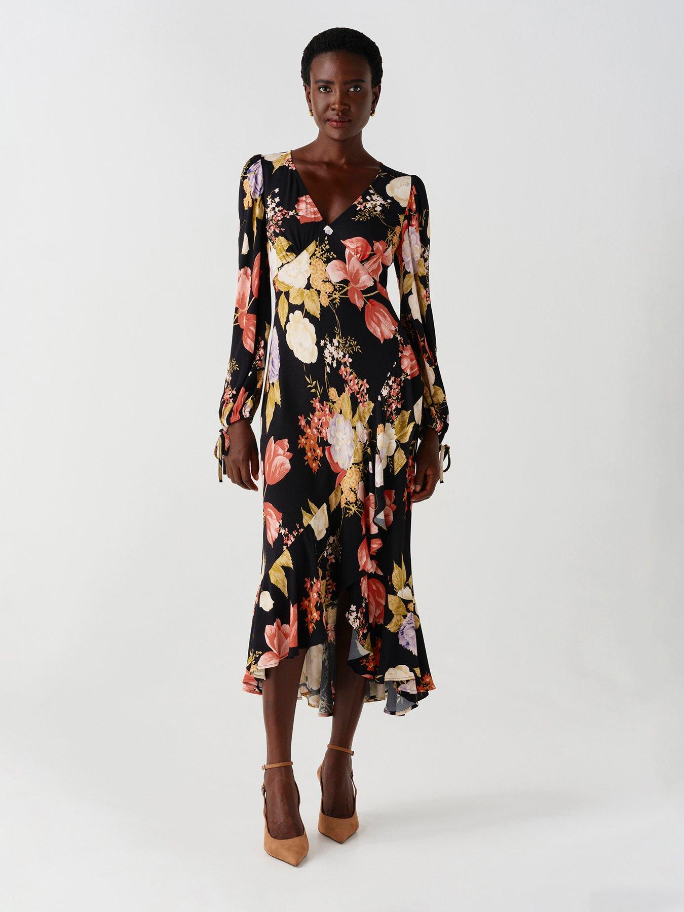 Image 1 of 7 of Ghost Womens Holly V-Neck Floral Long Sleeve Dress - Black