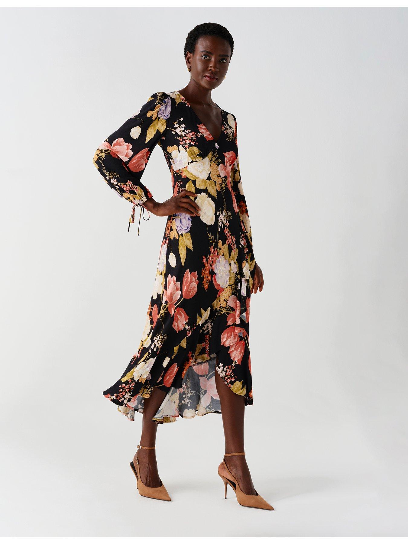 Image 4 of 7 of Ghost Womens Holly V-Neck Floral Long Sleeve Dress - Black