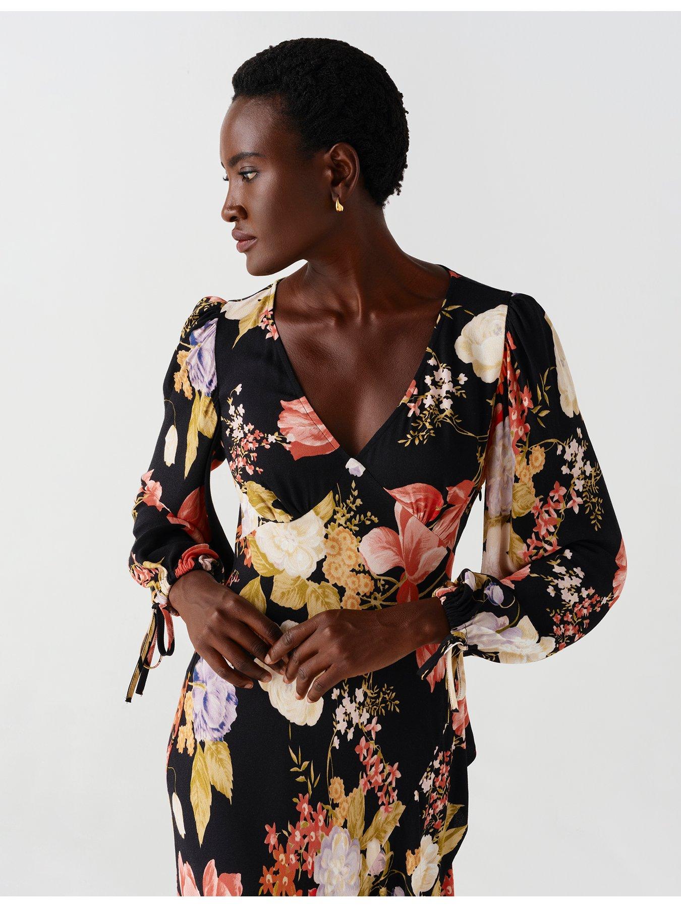 Image 5 of 7 of Ghost Womens Holly V-Neck Floral Long Sleeve Dress - Black