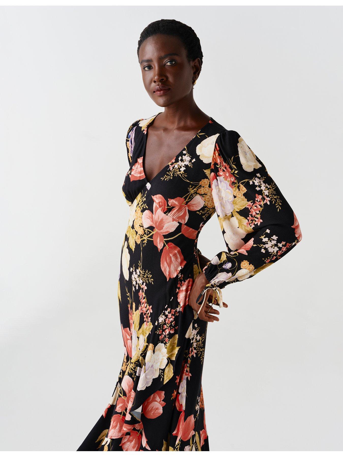 Image 6 of 7 of Ghost Womens Holly V-Neck Floral Long Sleeve Dress - Black