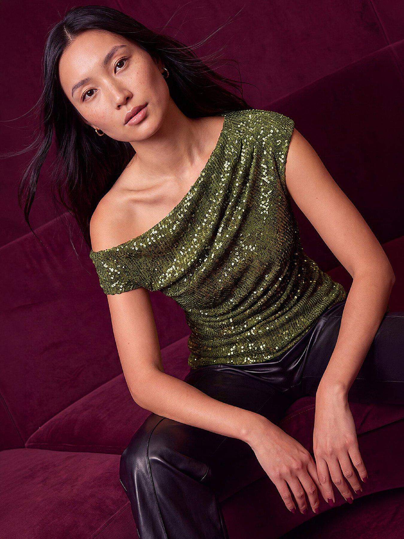Image 3 of 4 of Roman Womens Cowl Neck Sequin Stretch Top - Green