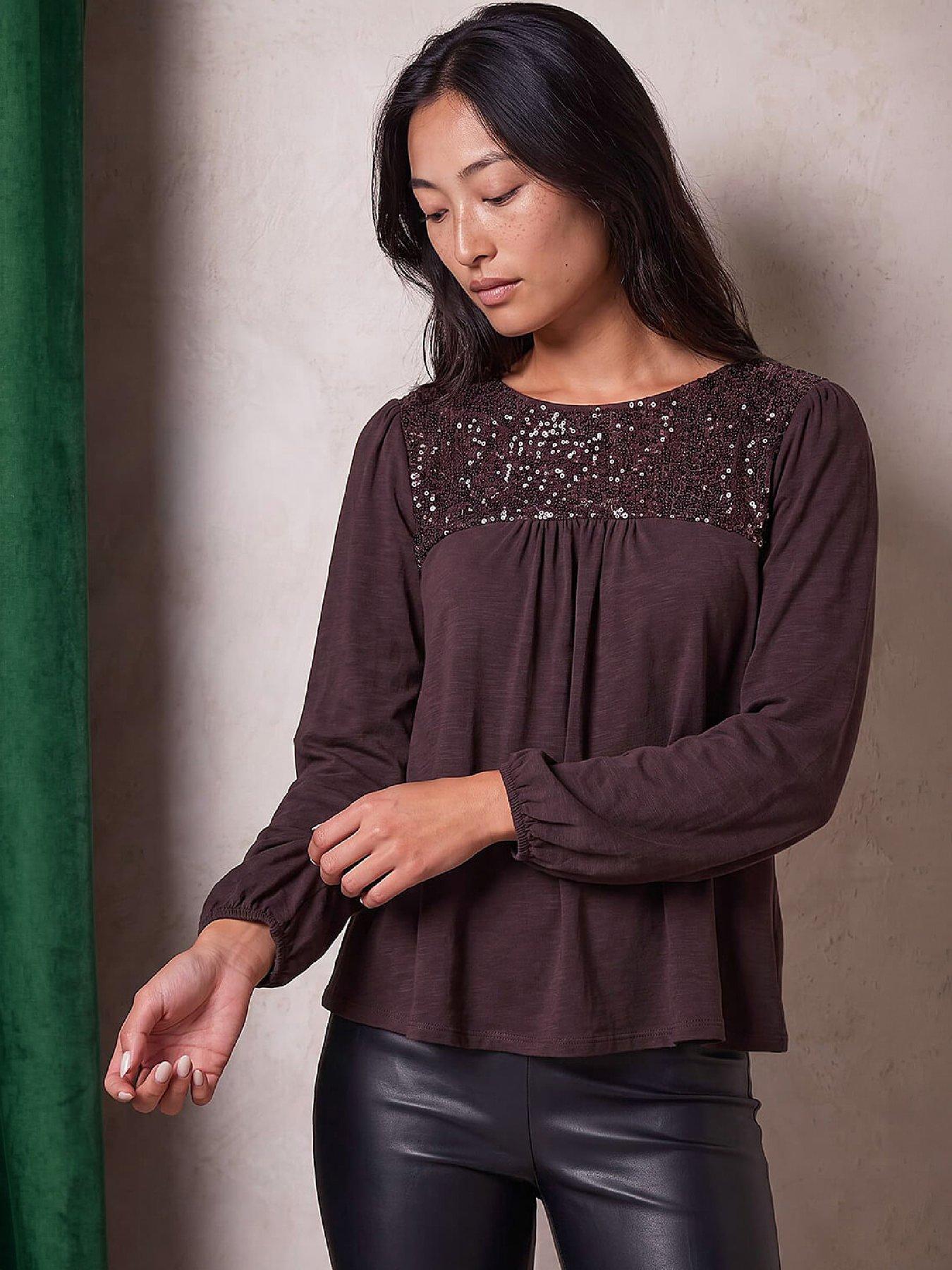 Image 1 of 4 of Roman Womens Petite Sequin Blouson V-Back Top - Brown