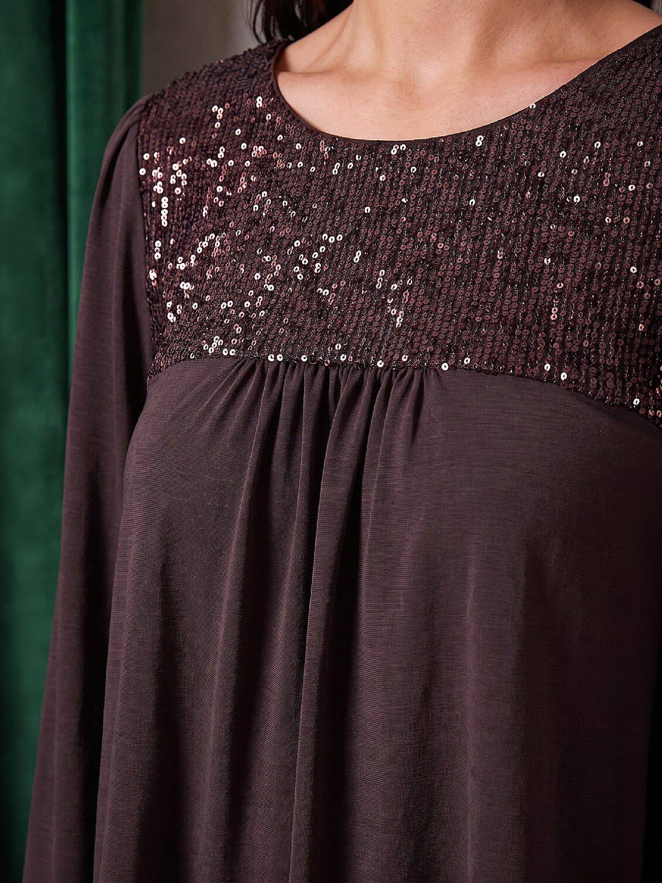 Image 2 of 4 of Roman Womens Petite Sequin Blouson V-Back Top - Brown
