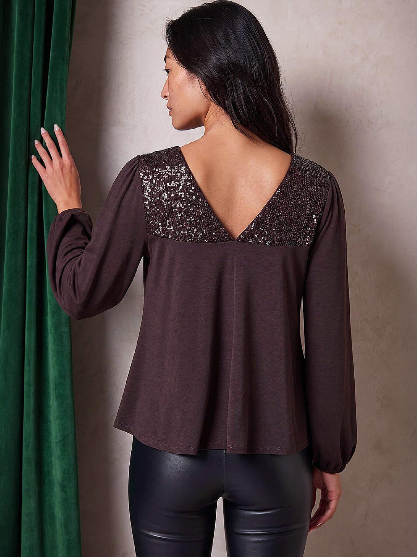 Image 3 of 4 of Roman Womens Petite Sequin Blouson V-Back Top - Brown