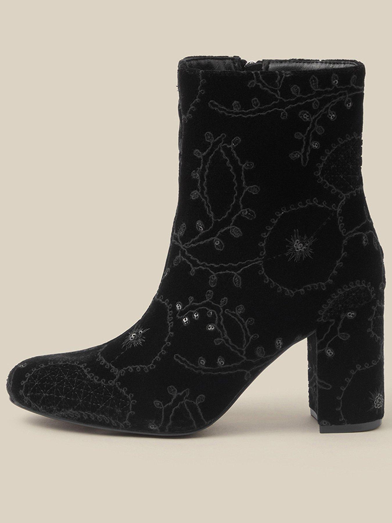 Image 1 of 3 of Monsoon Womens Glory Embroidered Block Heel Ankle Boots - Black