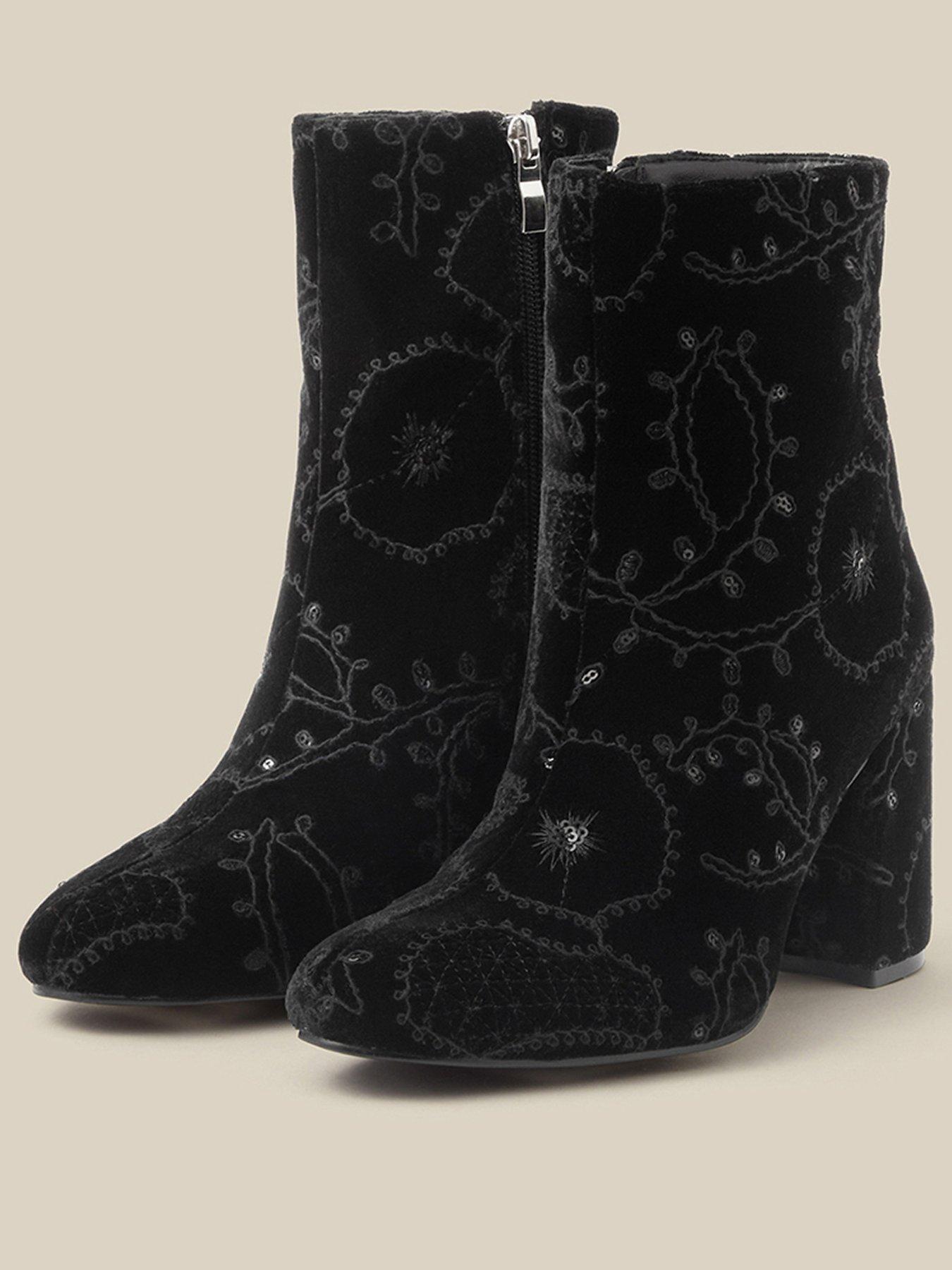 Image 2 of 3 of Monsoon Womens Glory Embroidered Block Heel Ankle Boots - Black