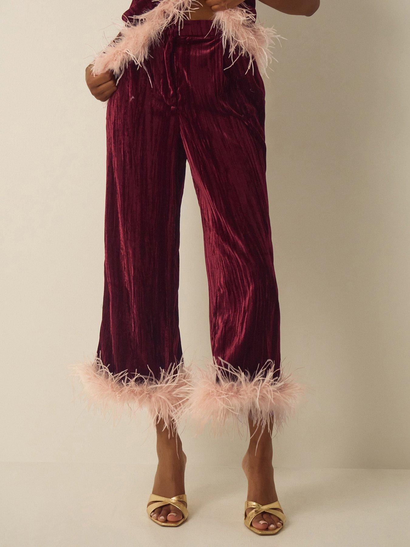 Image 2 of 7 of Monsoon Womens Emma Feather-Trim Wide Leg Velvet Trousers - Red