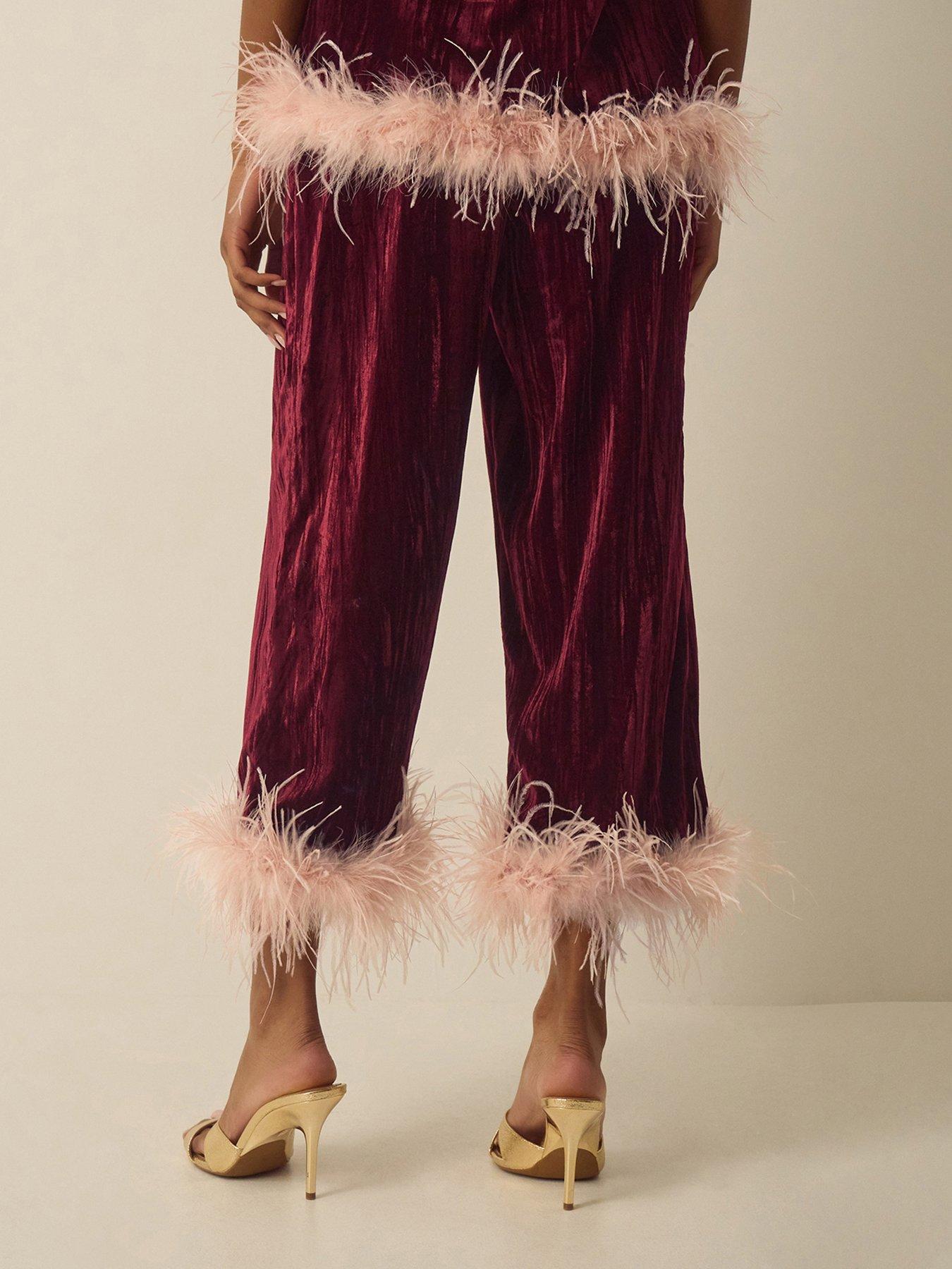 Image 3 of 7 of Monsoon Womens Emma Feather-Trim Wide Leg Velvet Trousers - Red