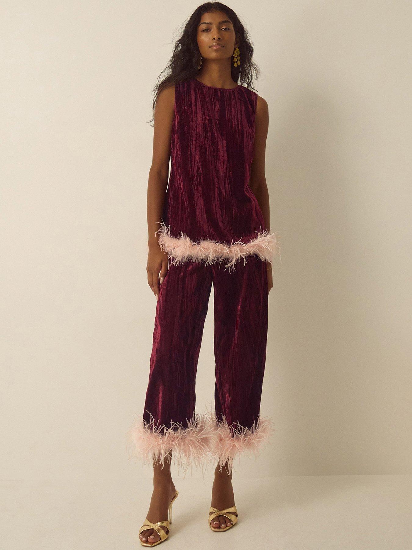 Image 4 of 7 of Monsoon Womens Emma Feather-Trim Wide Leg Velvet Trousers - Red